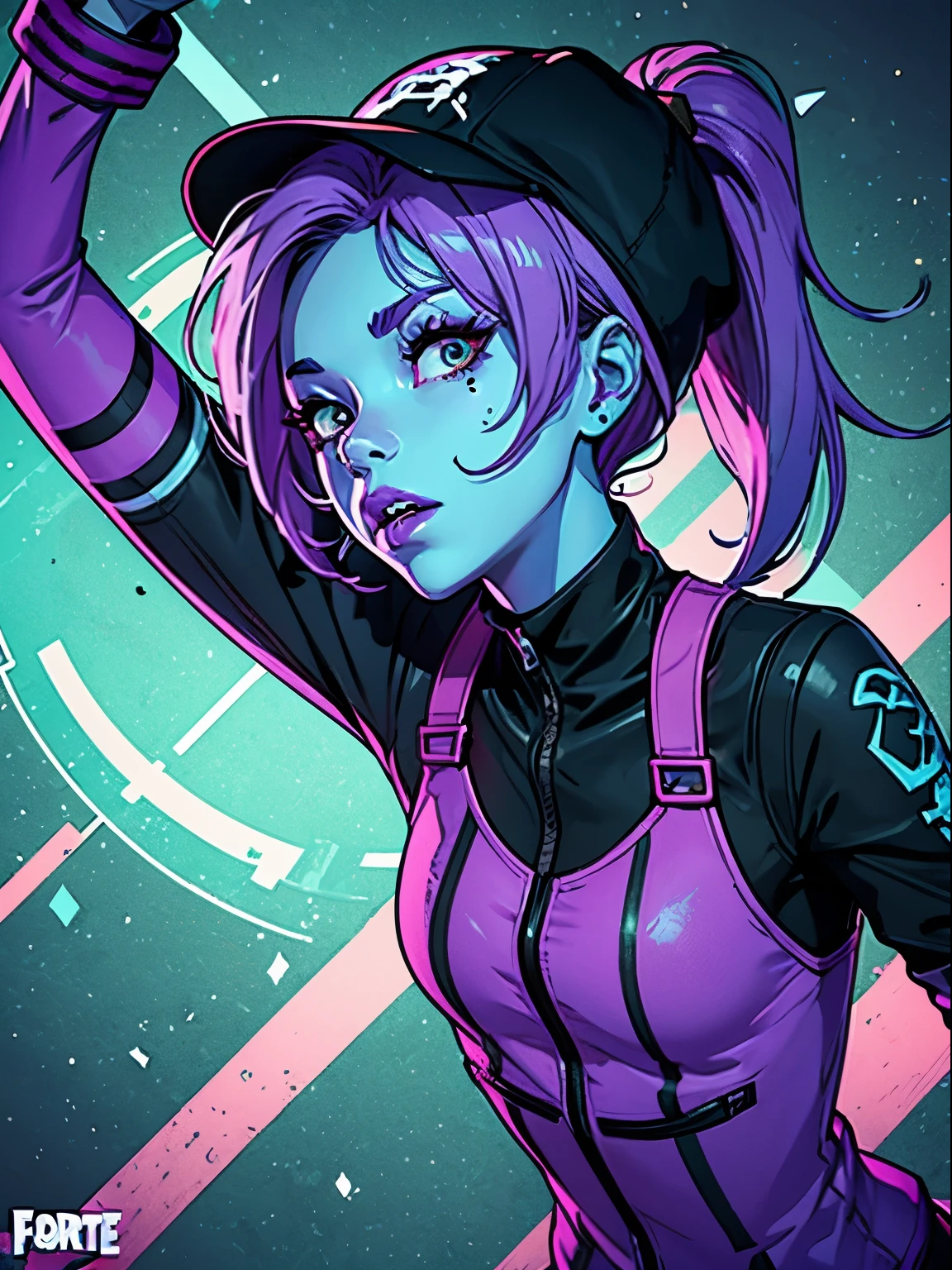 Close-up of vibrant electric dyed hair and colorful LED tattoos of a kemonomimi female fitness model kissing her fingertip. Her undercut hair and tattoos glow brightly under a blacklight in a dark tripcave. She has fluffy ears. Psychadelic LSD visuals.