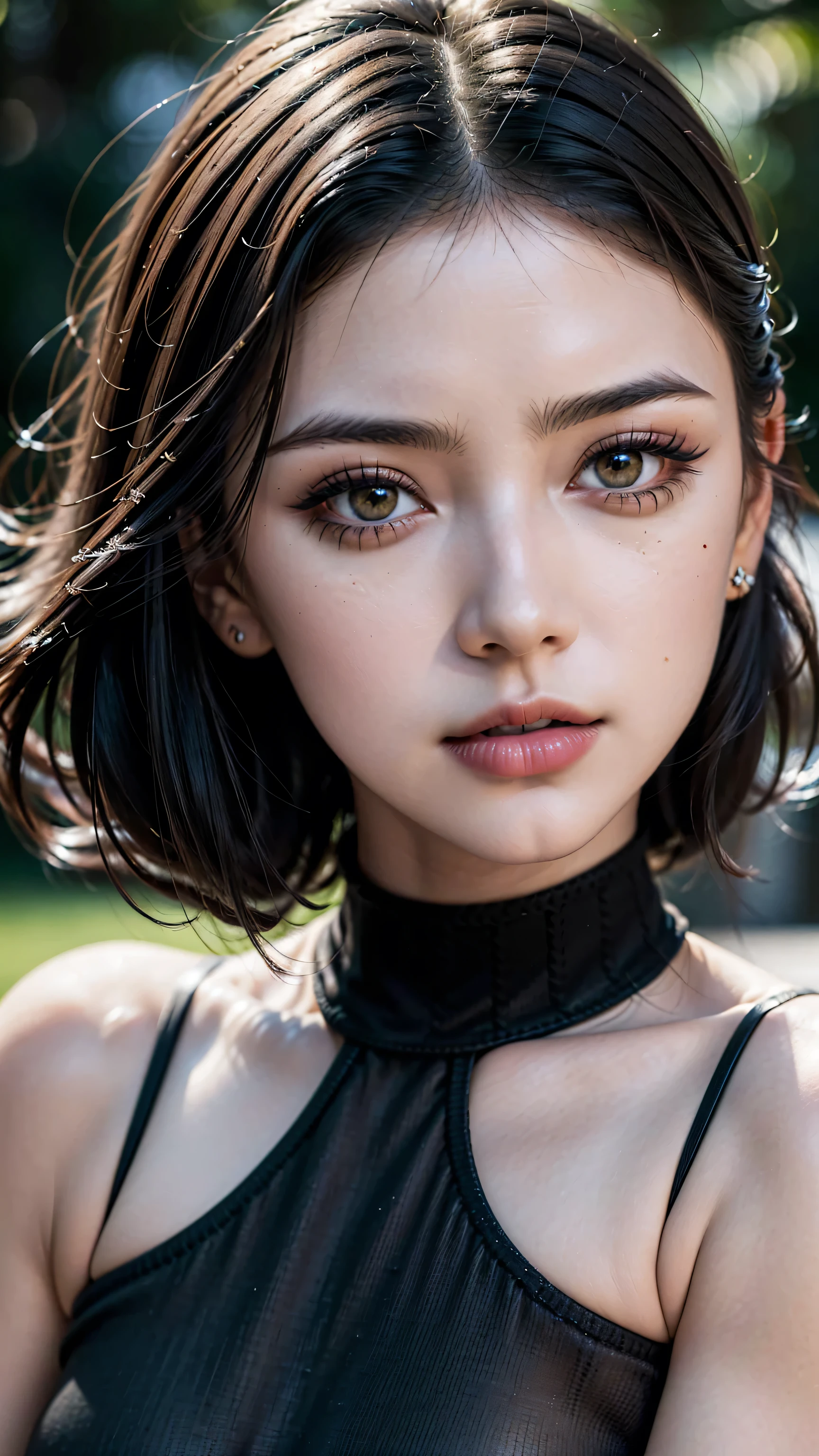 Divide Ratio : 1,1,1 Base Ratio: ((extremely detailed portrait:1.2)), (1girl:1.35, 20-year-old), Realism, highest resolution, (depth of field), (the most absurd quality),(highest quality realistic texture skin),(highest quality realistic texture hair),BREAK,((black hair, (slicked to the side), insanely detailed:1.4)), ((perfect proportions)),((anatomically correct)), ((firm and full breasts:1.25)),(the most absurd quality perfect eyes), (super detail beautiful face), ((light pale complexion)), ((Insanely detail clear and sharp perfect round realistic green_eyes:1.33)), finely detailed pupils, detailed lips:1.3, (long_blue_eyeliner:1.22), (pink_lipstick:1.35), BREAK, (perfect purple_eyeshadows:1.2), (Detailed nose:1.2), (Upper body shot), BREAK, ((wearing a tight black knitted dress:1.35)),((small round head:1.3)), (close up of her face), exquisite balance of shadows,perfect composition, ((look at the viewer)), Hasselblad, 85mm f/4.0