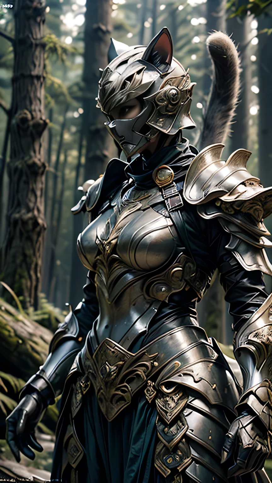 (Have a weapon:1.3), (Cat Helmet Warrior:1.3), Concentrated line, Face Shot, Background blur, Luxurious Armor, Dynamic pose, Natural sunlight, Dense forest, Dynamic composition, Fractal Armor, Full Plate Armor, Martial Arts, , Japanese sword on waist, (12 year old female:1.3), , , , , , , , , , , , , , , , ,