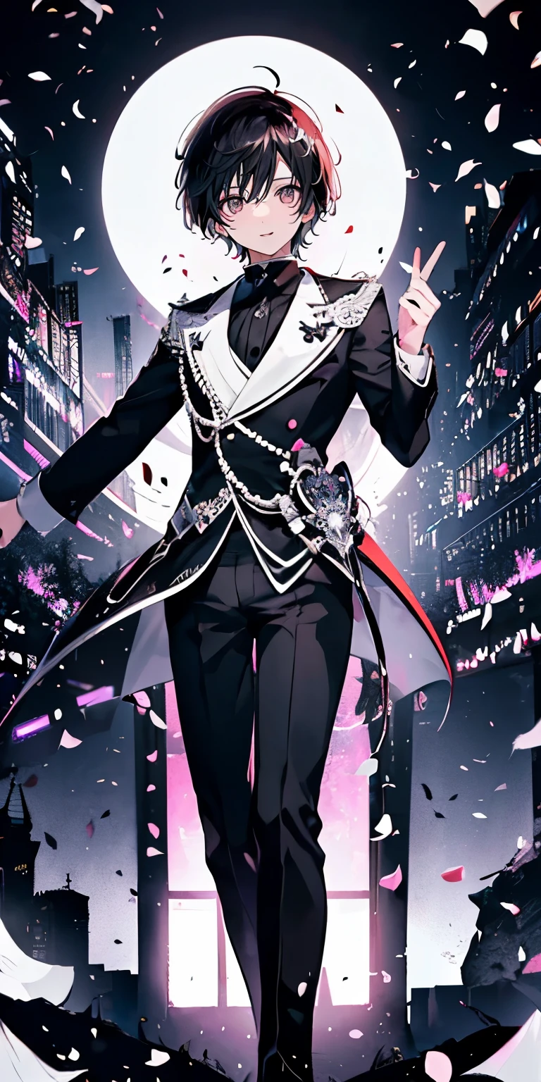 (Mastepiece), (Best Quality), Very detailed, ((1 boy)), Perfect Face, Beautiful Face, Very detailedな顔,((Black and white hair_short hair_Black and white eyes:1.3)),Male solo idol、Gorgeous idol costumes、Cape、boots、(pants:1.2)、(Hold the microphone)、stage、Concert Dome、Lots of confetti、(smile:1.4)、(Open your mouth wide)、sing、dance、Wink、Laser light、Spotlight
