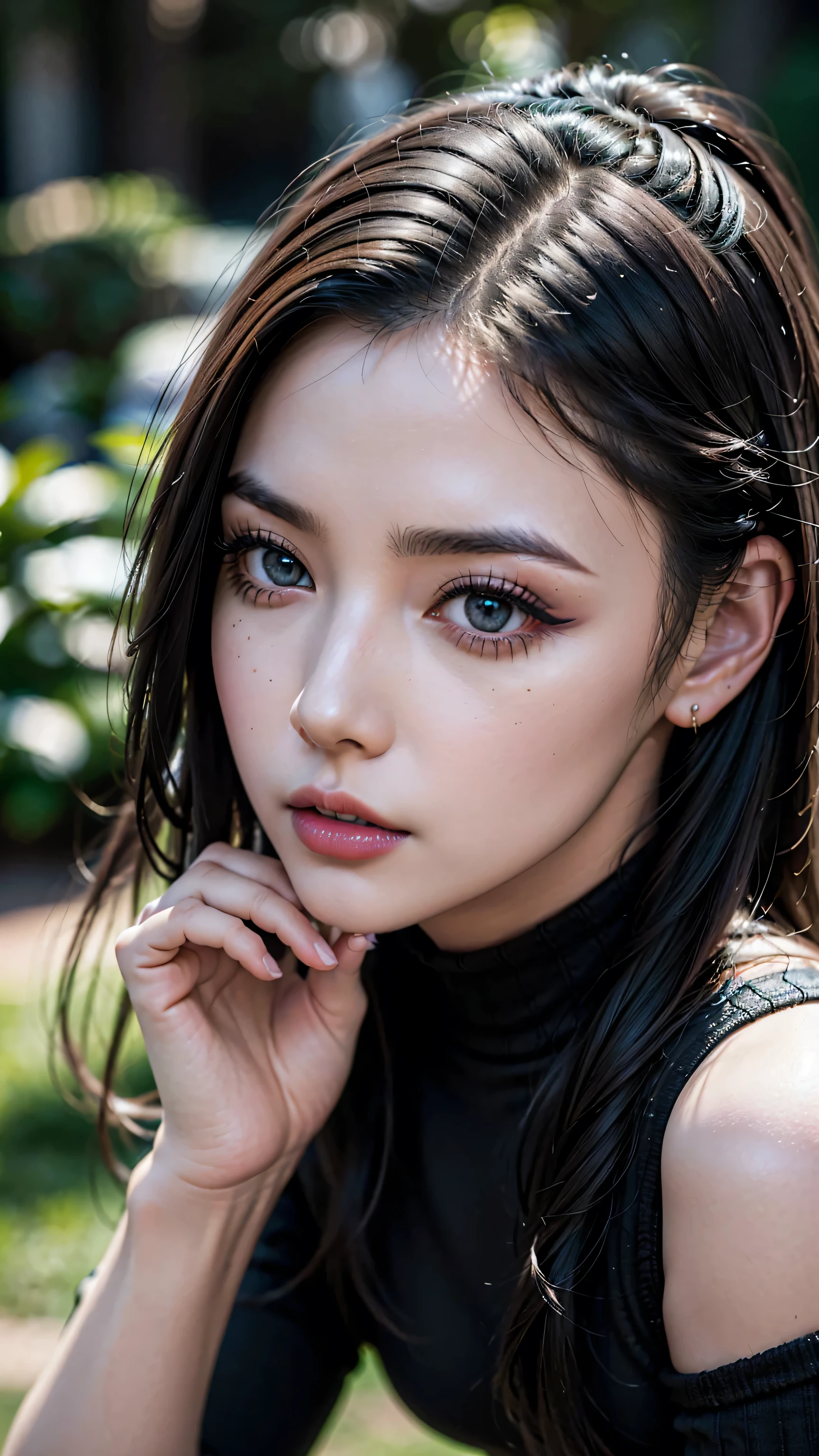 Divide Ratio : 1,1,1 Base Ratio: ((extremely detailed portrait:1.2)), (1girl:1.35, 20-year-old), Realism, highest resolution, (depth of field), (the most absurd quality),(highest quality realistic texture skin),(highest quality realistic texture hair),BREAK,((black hair, (slicked to the side), insanely detailed:1.4)), ((perfect proportions)),((anatomically correct)), ((firm and full breasts:1.25)),(the most absurd quality perfect eyes), (super detail beautiful face), ((light pale complexion)), ((Insanely detail clear and sharp perfect round realistic green_eyes:1.33)), finely detailed pupils, detailed lips:1.3, (long_blue_eyeliner:1.22), (pink_lipstick:1.35), BREAK, (perfect purple_eyeshadows:1.2), (Detailed nose:1.2), (Upper body shot), BREAK, ((wearing a tight black knitted dress:1.35)),((small round head:1.3)), (close up of her face), exquisite balance of shadows,perfect composition, ((look at the viewer)), Hasselblad, 85mm f/4.0