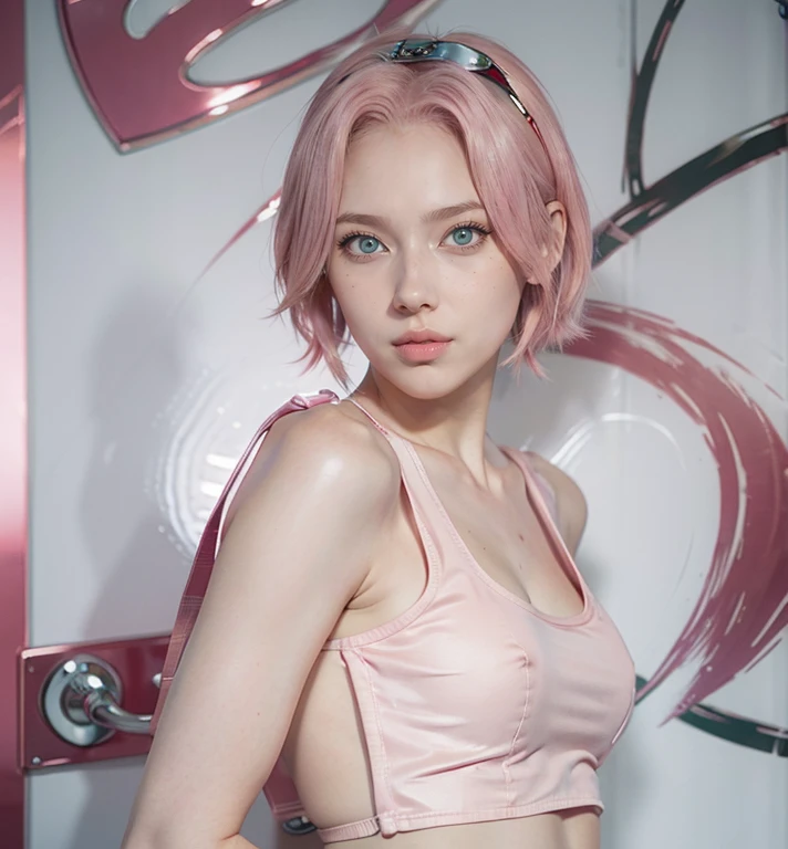 young woman, short shoulder-length pink hair, wide forehead, porcelain skin, pink eyebrows, big emerald green eyes, buttoned nose, full lips, heart-shaped face, slender body, small breasts, red tank top, Sakura Haruno , realistic, realism, details, 3d, well detailed