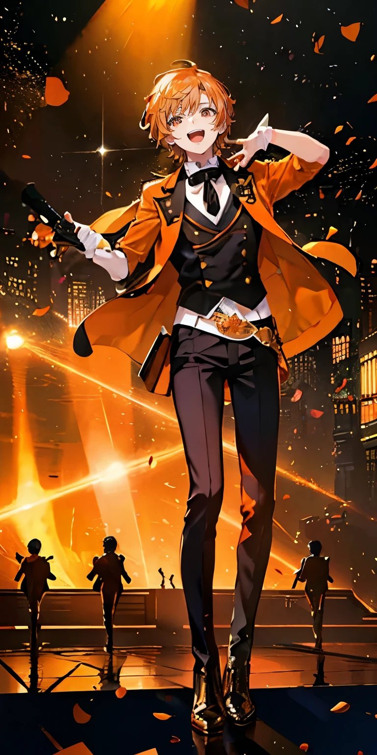 (Mastepiece), (Best Quality), Very detailed, ((1 boy)), Perfect Face, Beautiful Face, Very detailedな顔,((Orange Hair_short hair_Orange Eyes:1.3)),Male solo idol、Gorgeous idol costumes、Cape、boots、(pants:1.2)、(Hold the microphone)、stage、Concert Dome、Lots of confetti、(smile:1.4)、(Open your mouth wide)、sing、dance、Wink、Laser light、Spotlight