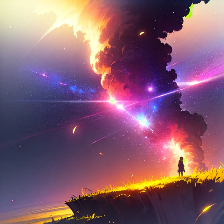 expansive landscape photograph , (a view from below that shows sky above and open field below), a girl standing on flower field looking up, (full moon:1.2), ( shooting stars:0.9), (nebula:1.3), distant mountain, tree BREAK
production art, (warm light source:1.2), (Firefly:1.2), lamp, lot of purple and orange, intricate details, volumetric lighting BREAK
(masterpiece:1.2), (best quality), 4k, ultra-detailed, (dynamic composition:1.4), highly detailed, colorful details,( iridescent colors:1.2), (glowing lighting, atmospheric lighting), dreamy, magical, (solo:1.2)