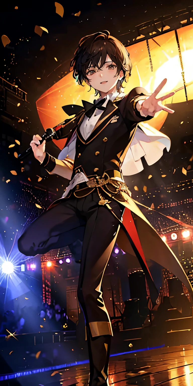 (Mastepiece), (Best Quality), Very detailed, ((1 boy)), Perfect Face, Beautiful Face, Very detailedな顔,((Brown Hair_short hair_Brown eyes:1.3)),Male solo idol、Gorgeous idol costumes、Cape、boots、(pants:1.2)、(Hold the microphone)、stage、Concert Dome、Lots of confetti、(smile:1.4)、(Open your mouth wide)、sing、dance、Wink、Laser light、Spotlight