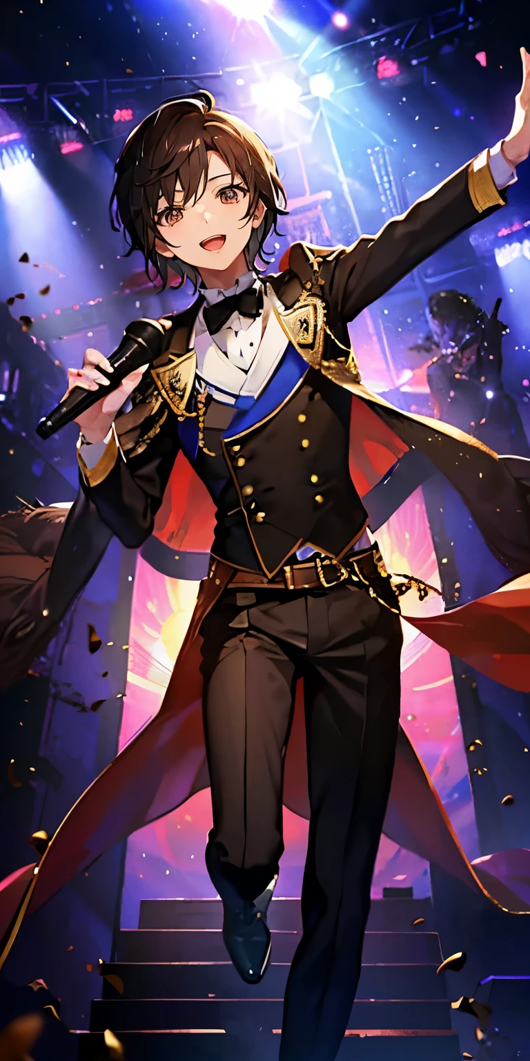 (Mastepiece), (Best Quality), Very detailed, ((1 boy)), Perfect Face, Beautiful Face, Very detailedな顔,((Brown Hair_short hair_Brown eyes:1.3)),Male solo idol、Gorgeous idol costumes、Cape、boots、(pants:1.2)、(Hold the microphone)、stage、Concert Dome、Lots of confetti、(smile:1.4)、(Open your mouth wide)、sing、dance、Wink、Laser light、Spotlight