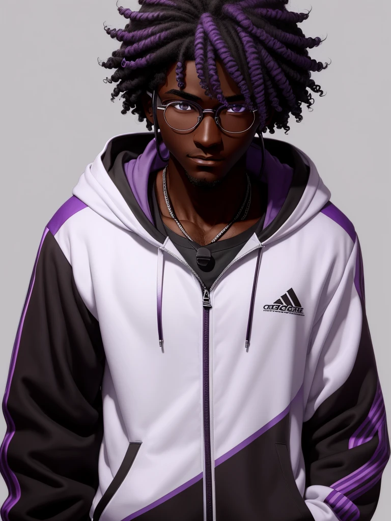 Man with characteristics of: dark skin, round glasses, medium curly black and purple hair, black sweatshirt, headset. anime style, unzipped hoodie, white graphic design shirt 