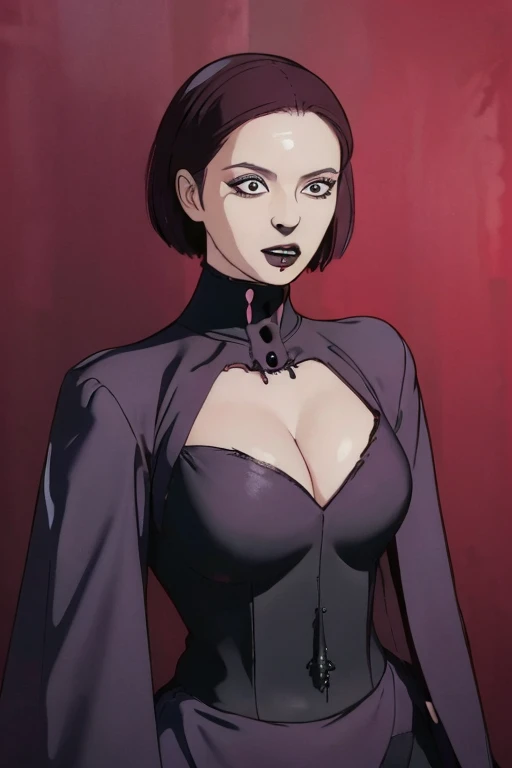 Manhwa aesthetic, Looking at the audience, Light brown eyes:1.4, goth girl, Brunette long Bob Hair with highly detailed shiny hair, bright red clothes:1.4, illuminated skin (realistic texture), realistic shading, bright red eyes, Chest cleavage:2、(((Add highlights to the eyes:1.4、charming look 、Short Bob Hair、Glowing Skin:1.4、Looking at the audience、She is very beautiful and cute、Beautiful long neck, beautiful, (cotton) black gothic shirt, latex skirt, black torn pantyhose, red sneakers, Ideal body type, (painted gothic Background:2、gothic garden background:2))、Beautiful long neck:1.4、(({Huge|big|Huge|Mega} chest, Chest cleavage:2、perfect Bodyは服を着ていない:1.6)),Perfect Anatomy, blade to side, strike pose, blade down, blade right hand, blurred background (masterpiece), best quality, high quality, highres, ultra-detailed), different poses at different angles.
