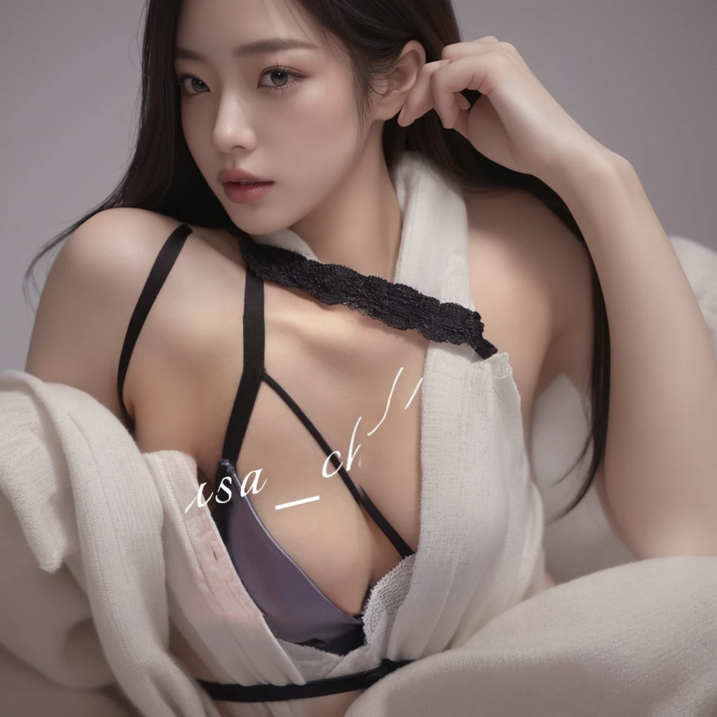 braとパンティーを着た女性の全身写真、bra, braを着用,Cleavage, 黒のベッチbra, Good strap, tiny 黒bra, lingerie、(Above the waist photo:1.5)、Big breasts
