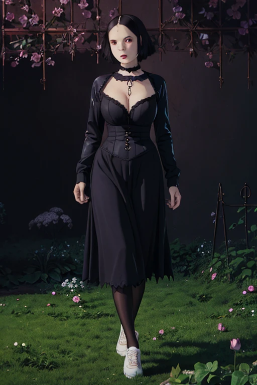 Manhwa aesthetic, Looking at the audience, Light brown eyes:1.4, goth girl, Brunette long Bob Hair with highly detailed shiny hair, bright red clothes:1.4, Lepangas:1.4), illuminated skin (realistic texture), realistic shading, bright red eyes、{Huge|big chest|Huge|Mega} whole :2, Chest cleavage:2、(((Add highlights to the eyes:1.4、charming look 、Short Bob Hair、Glowing Skin:1.4、Looking at the audience、She is very beautiful and cute、Beautiful long neck, (cotton) black gothic shirt, latex skirt, black torn pantyhose, red sneakers, Ideal body type, (painted gothic Background:2、gothic garden background:2))、Beautiful long neck:1.4、(({Huge|big|Huge|Mega} chest, Chest cleavage:2、perfect Bodyは服を着ていない:1.6)),Perfect Anatomy, blade to side, strike pose, blade down, blade right hand, blurred background (masterpiece), best quality, high quality, highres, ultra-detailed), different poses at different angles.