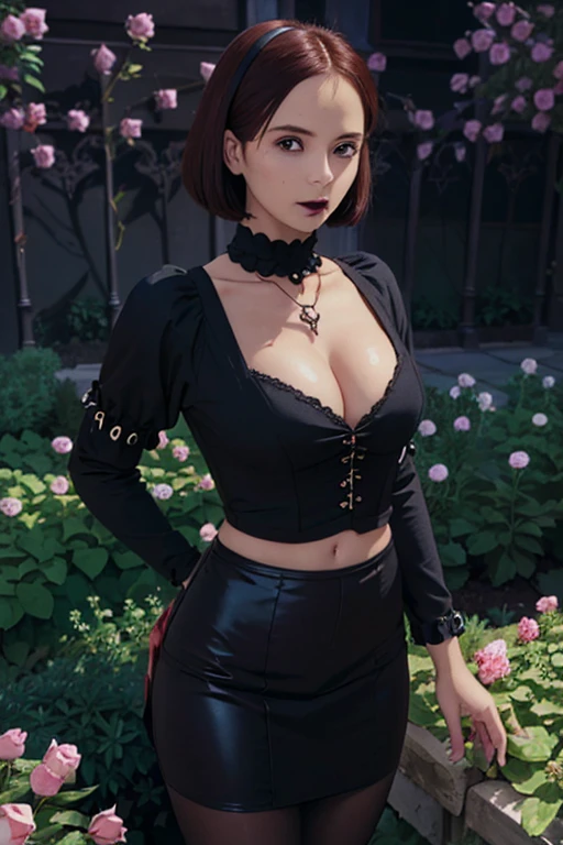 Manhwa aesthetic, Looking at the audience, Light brown eyes:1.4, goth girl, Brunette long Bob Hair with highly detailed shiny hair, bright red clothes:1.4, Lepangas:1.4), illuminated skin (realistic texture), realistic shading, bright red eyes、{Huge|big chest|Huge|Mega} whole :2, Chest cleavage:2、(((Add highlights to the eyes:1.4、charming look 、Short Bob Hair、Glowing Skin:1.4、Looking at the audience、She is very beautiful and cute、Beautiful long neck, (cotton) black gothic shirt, latex skirt, black torn pantyhose, red sneakers, Ideal body type, (painted gothic Background:2、gothic garden background:2))、Beautiful long neck:1.4、(({Huge|big|Huge|Mega} chest, Chest cleavage:2、perfect Bodyは服を着ていない:1.6)),Perfect Anatomy, blade to side, strike pose, blade down, blade right hand, blurred background (masterpiece), best quality, high quality, highres, ultra-detailed), different poses at different angles.