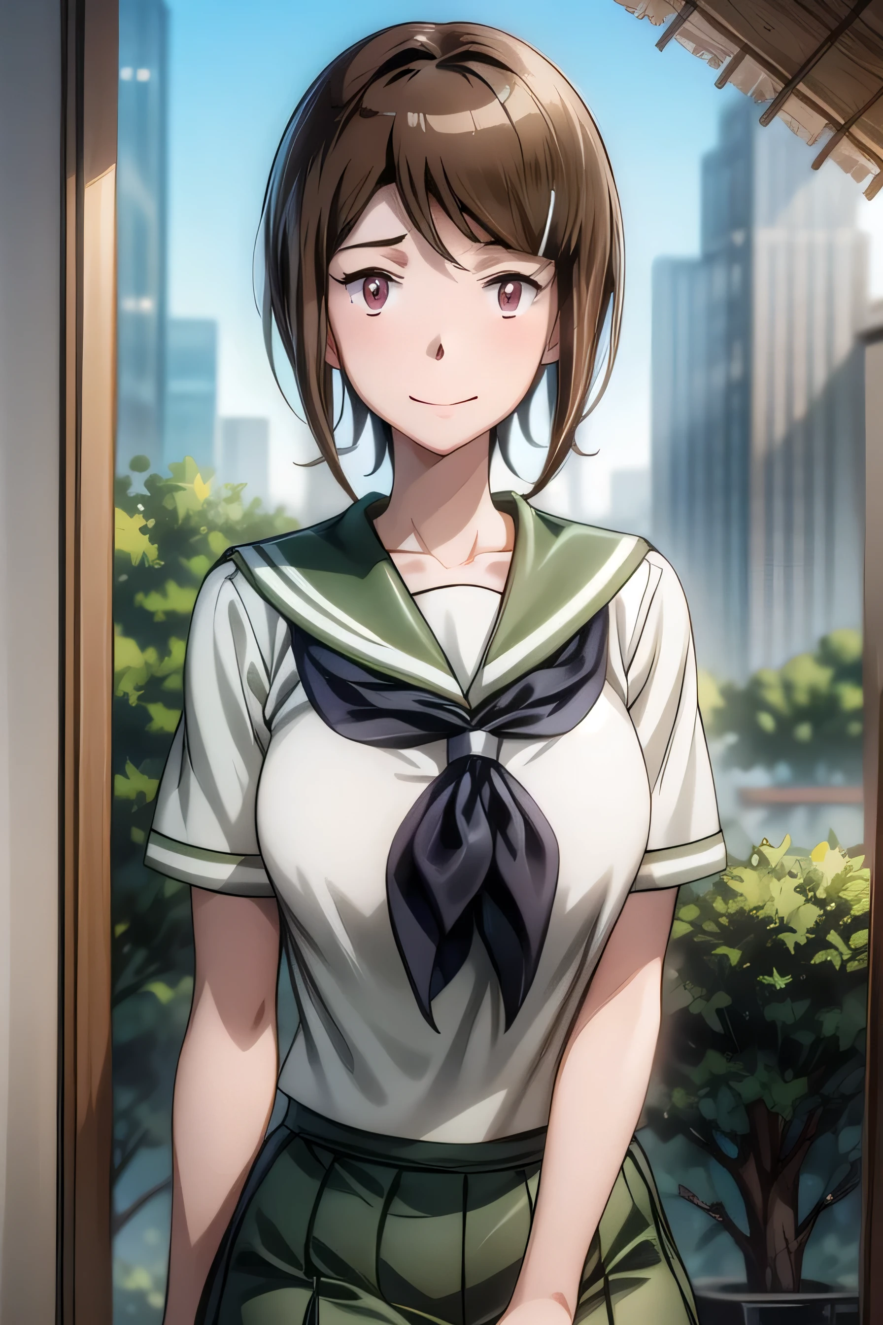 (RAW photo, best quality), masterpiece, an extremely delicate and beautiful, extremely detailed, 2k wallpaper, Amazing, finely detail, extremely detailed CG unity 8k wallpaper, ultra-detailed, highres, soft light, beautiful detailed girl, cinematic lightning, perfect anatomy, look at viewer, smile, 1girl, solo, short hair, skirt, brown hair, hair ornament, brown eyes, , short sleeves, pleated skirt, serafuku, hairclip, sailor collar, sweatdrop, neckerchief, green skirt, yagami_hikari