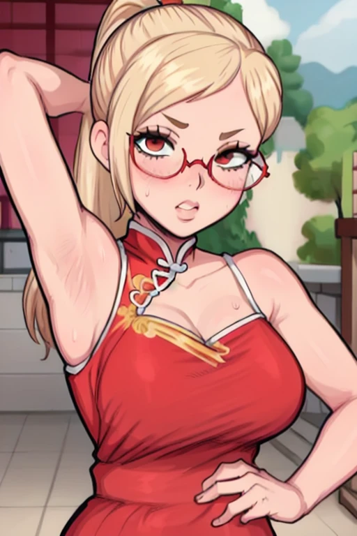 masterpiece, best quality, looking at viewer, upper body, portrait, looking at viewer, put your hands behind your head, armpits, armpits visible, sweaty armpits, Kaede Akiyama, very large breasts, long blonde hair, wearing red chinese dress, wearing glasses, ponytail