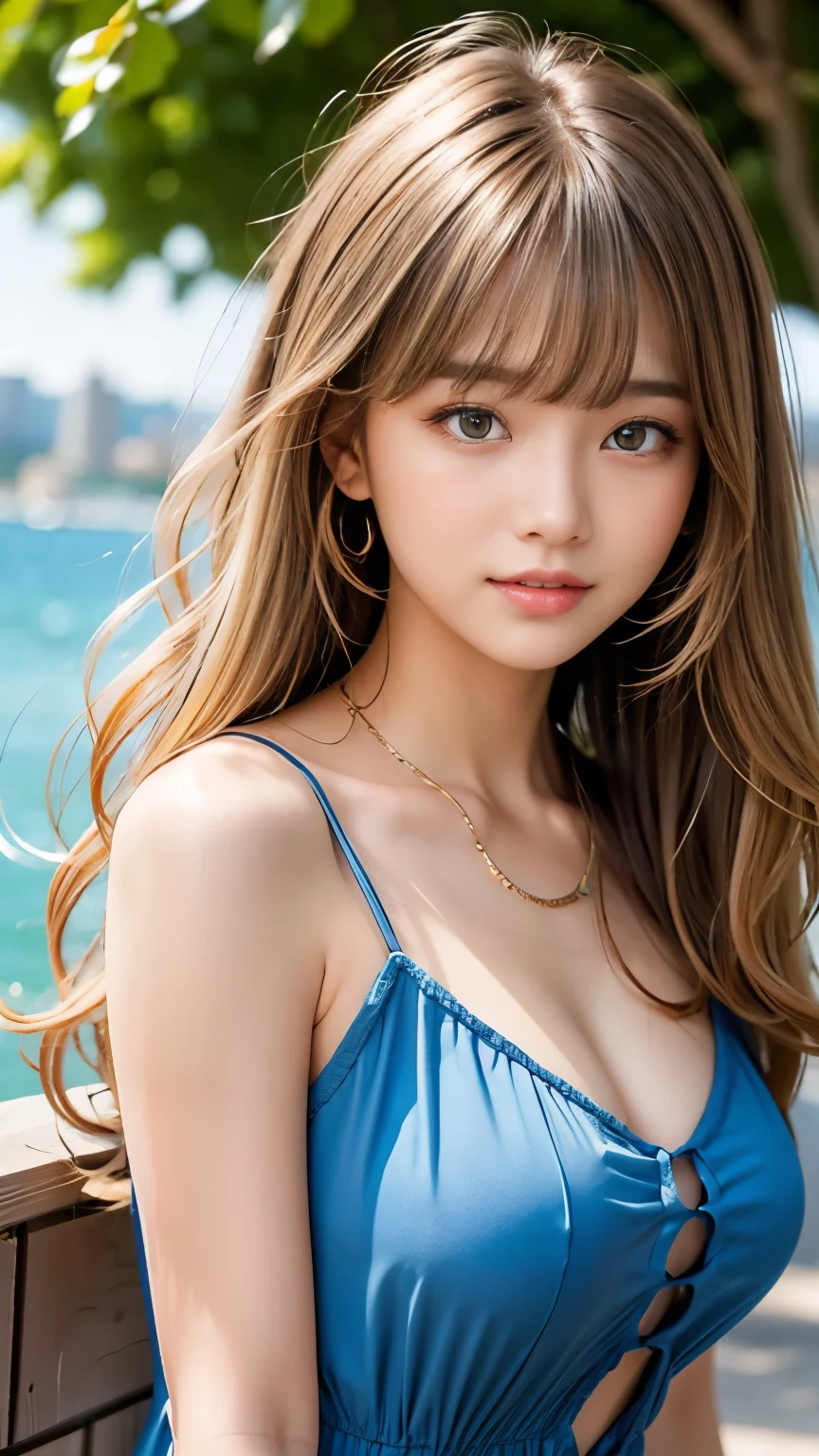 Sexy Big 、Sexy cute looks and cute  beautiful girl, beautiful and sexy face、A strong wind blows my hair in front of my face、Blonde medium wavy hair、beautiful, Cute and sexy eyes hidden by long bangs Colorful dress