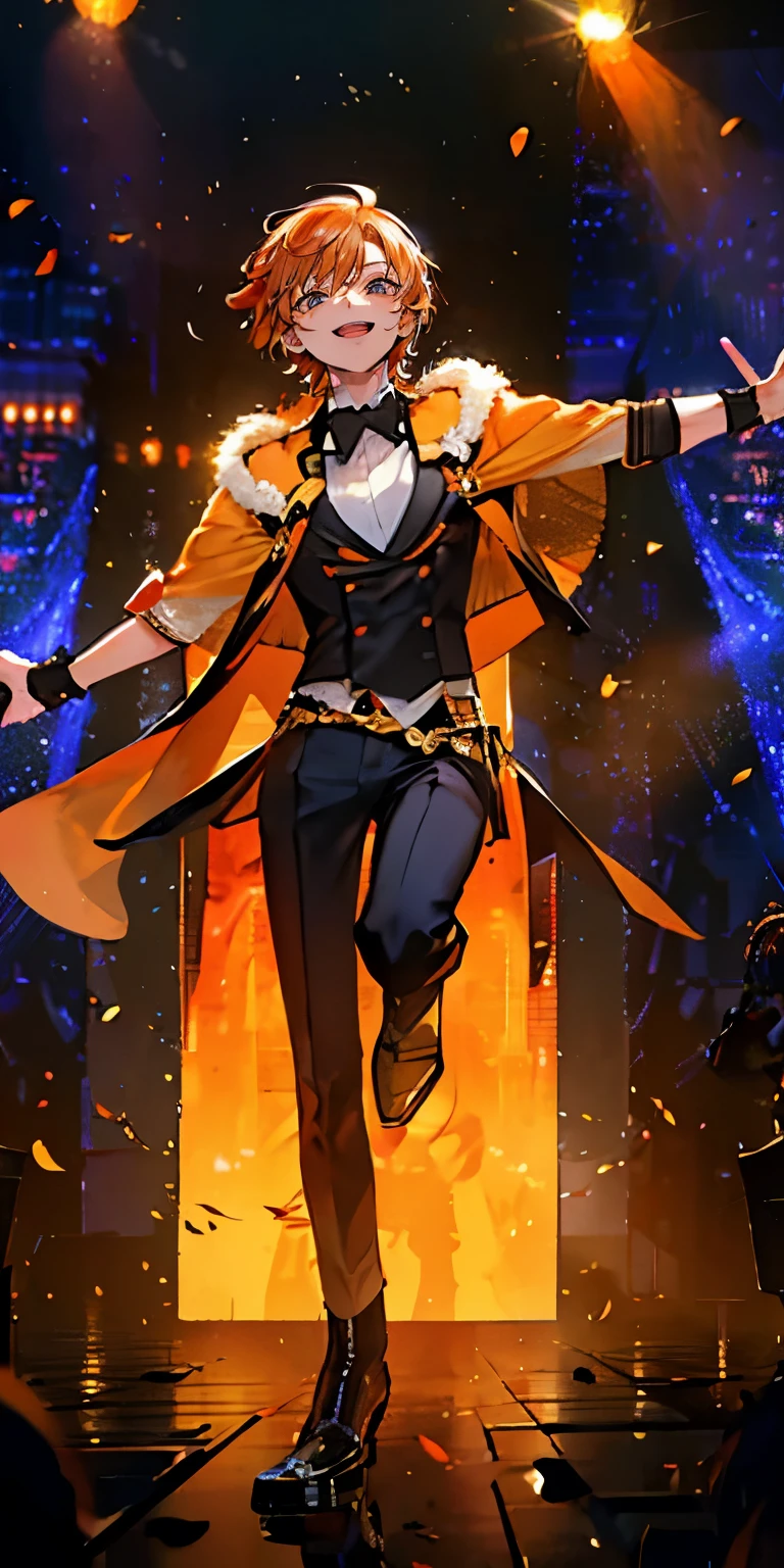 (Mastepiece), (Best Quality), Very detailed, ((1 boy)), Perfect Face, Beautiful Face, Very detailedな顔，((Orange Hair_short hair_Orange eyes:1.3))，Male solo idol、Gorgeous idol costumes、Cape、boots、(pants:1.2)、(Hold the microphone)、stage、Concert Dome、Lots of confetti、(smile:1.4)、(Open your mouth wide)、sing、dance、Wink、Laser light、Spotlight