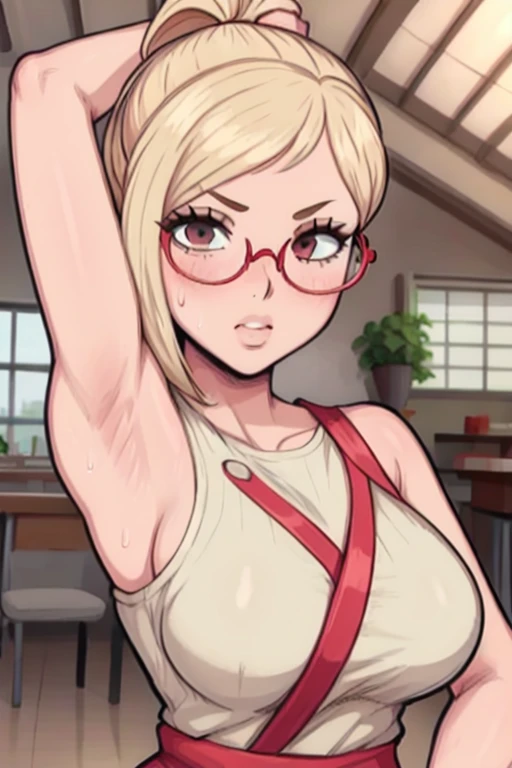 masterpiece, best quality, looking at viewer, upper body, portrait, looking at viewer, put your hands behind your head, armpits, armpits visible, sweaty armpits, Kaede Akiyama, very large breasts, long blonde hair, wearing indonesia highschool outfit, wearing glasses, ponytail