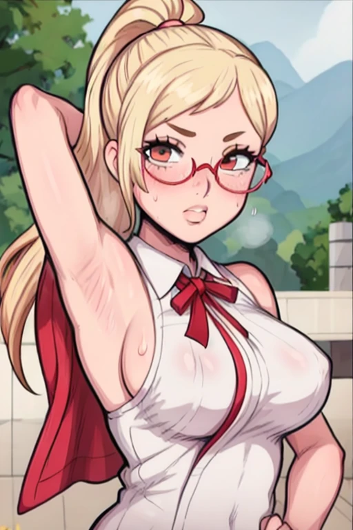 masterpiece, best quality, looking at viewer, upper body, portrait, looking at viewer, put your hands behind your head, armpits, armpits visible, sweaty armpits, Kaede Akiyama, very large breasts, long blonde hair, wearing indonesia highschool outfit, wearing glasses, ponytail