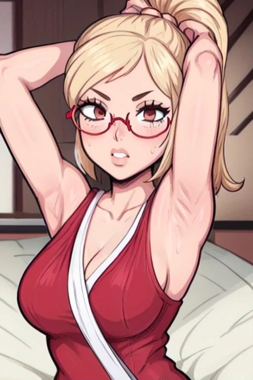 masterpiece, best quality, looking at viewer, upper body, portrait, looking at viewer, put your hands behind your head, armpits, armpits visible, sweaty armpits, Kaede Akiyama, very large breasts, long blonde hair, wearing indonesia highschool outfit, wearing glasses, ponytail