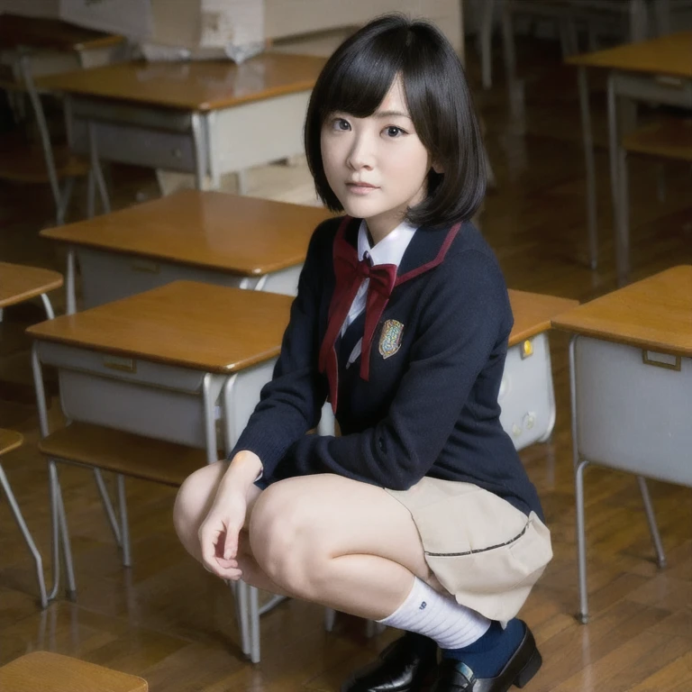 ((masterpiece,photorealistic:1.2)),((best quality)),((4K)),finely detail,beautiful image,,(one girl),(solo),(full body),(facing forward),(her posture is squat), student model, big eyes, drooping eyes, beautiful eyes, well-shaped small nose, baby face,slim style,F cup, beautiful feet, (wearing white socks),school uniform,