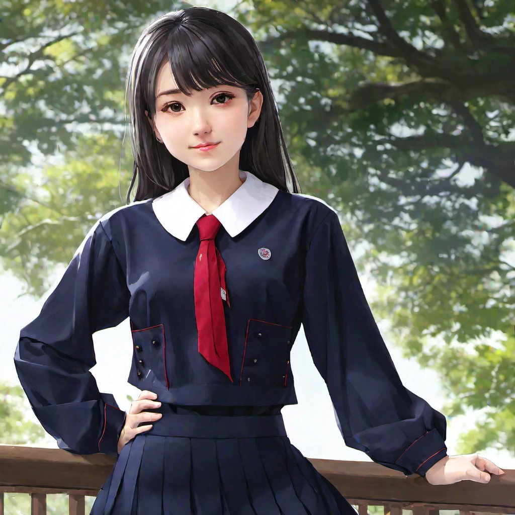 (masterpiece, best quality:1.2), 1girl, solomasterpiece ,realistic, high quality, dynamic angle, ultra detailed , a girl ,solo , A wearing tedukayama high school uniform , a dark navy long-sleeved blouse with an eton collar and a traditional red necktie, paired with a navy pleated skirt that matches the blouse in color.