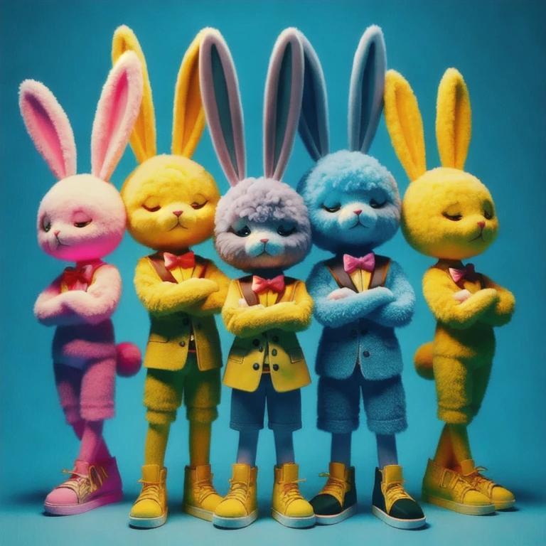 (masterpiece, best quality:1.2), three different colored conejos standing next to each other, conejos, conejitos, chusma_personaje, 3 colores, conejo_conejito, cute anthropomorphic conejito, lindo render 3d, imagen de alta calidad, estilo playboy, electrixconejito, conejito leg, playboy conejito, arte promocional, conejitopunk, anthropomorphic conejo, 3d personajes, conejo