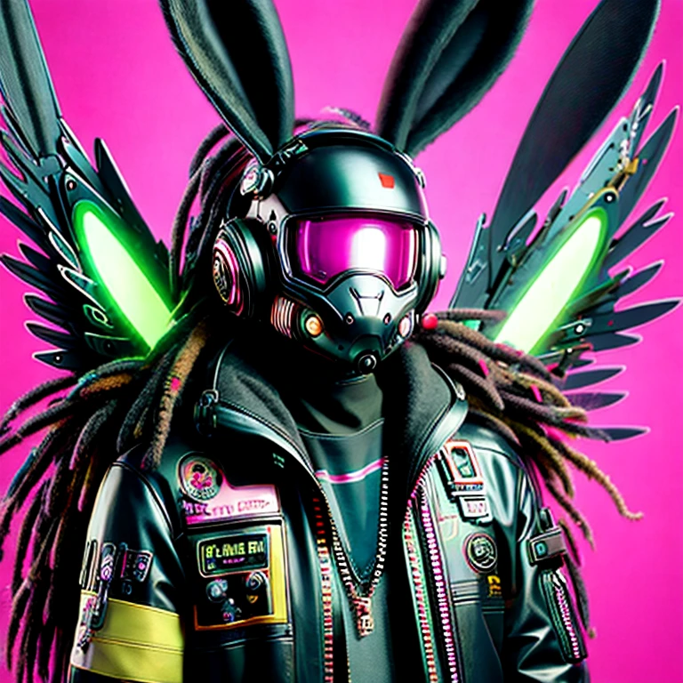 (masterpiece, best quality:1.2), a close up of a person wearing a bunny mask and a jacket, cyborg jackalope cyberpunk, wearing cybernetic bunny ears, hyperdetailed fantasy character, bunnypunk, rabbt_character, electrixbunny, cyberpunk pikachu, hyper-realistic cyberpunk style, cyberpunk pilot fighter, beeple and jeremiah ketner, cyberpunk character design, has cyberpunk style