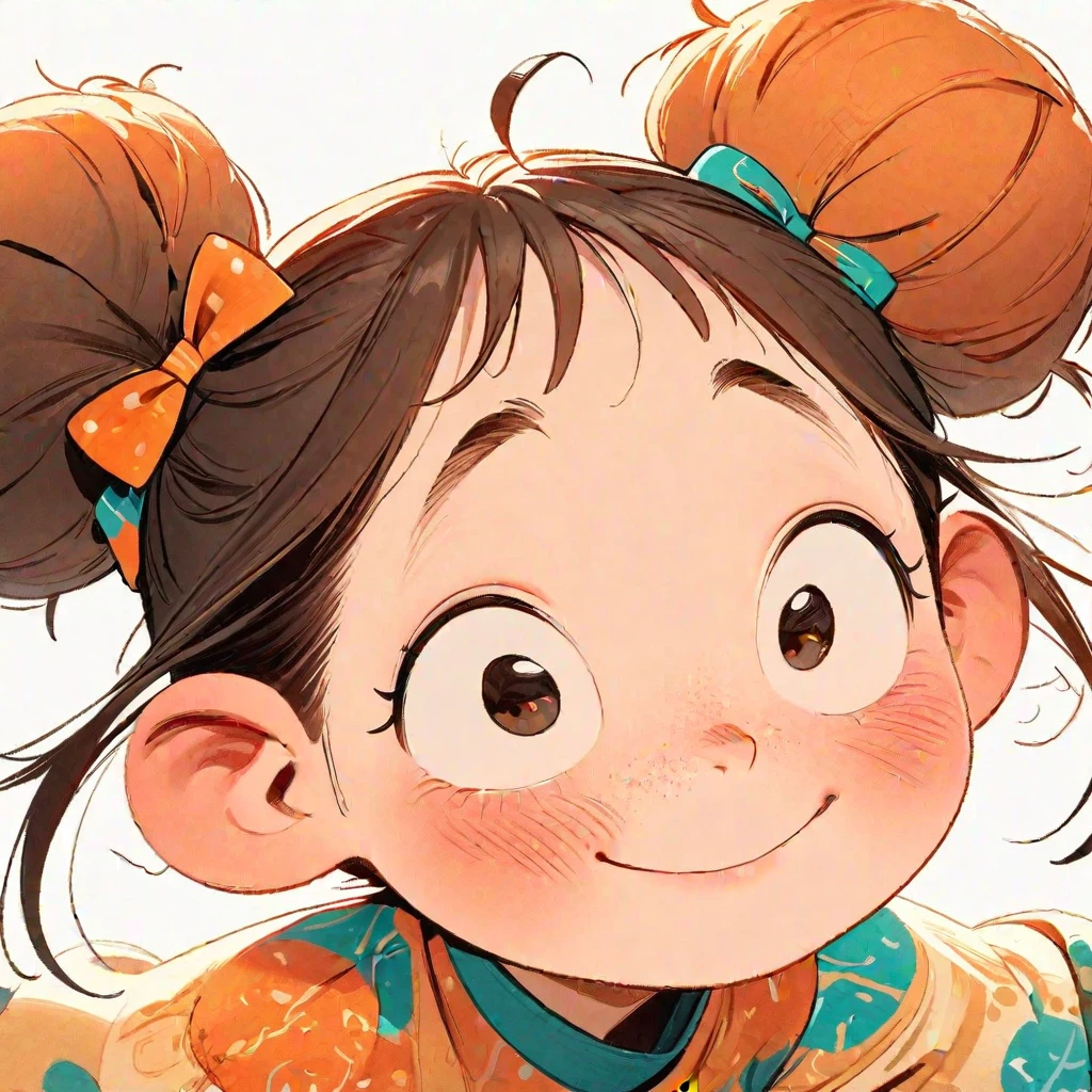 (masterpiece, best quality:1.2), 1girl, solo，A cute Chinese girl with two buns on her head, white background, wearing traditional in the style of an illustration by Oliver Jeffers, cartoonlike character design, vibrant colors, closeup shot from above, exaggerated facial features and hair texture, slightly messy bun, patterned shirt, playful expression, cheerful mood.