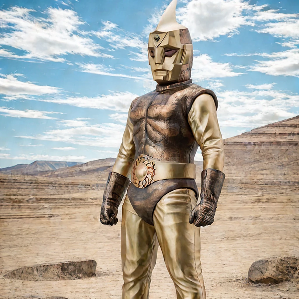 Spectreman, looking at viewer, in a desert place, sun, clouds, professional photograph, masterpiece, best quality, 8K, 16K, UHD, photorealistic, solo