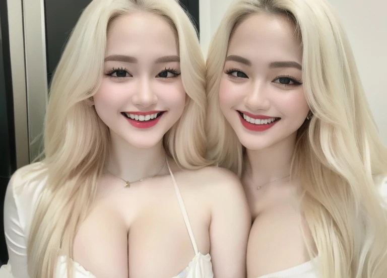 (realistic、masterpiece、Best Quality、8K、highres、high resolution:1.3)、((2 blonde girls:1.3))、Huge breasts、smile, white bikini、pale white skin、looking at viewers、super fine face and eyes、long blonde hair、indoor、 upper body、