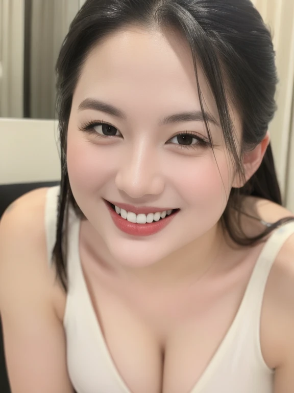 (realistic、masterpiece、Best Quality、8K、highres、high resolution:1.3)、1 girl、Huge breasts、smile, white bikini、pale white skin、looking at viewers、super fine face and eyes、long hair、indoor、 upper body、