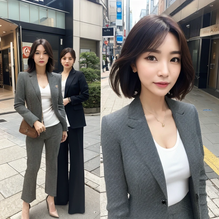 (beautiful woman, high resolution, wallpaper 8K screen, highest quality, real, ultra-definition, exquisite and perfect dynamic composition, (1 Japanese mature woman standing on the sidewalk in a business district), (pants suit: 1.4), (48 years old), (realistic skin texture) , (Fine wrinkles on the overall skin: 1.3), (Dull skin): 1.1), (Skin without moisture: 1.2), (Wrinkles on the face: 0.9), (Wrinkles around the corners of the eyes: 1.2), Double eyelids, Tear bag in the lower eyelid, looking away, serious expression, straight gaze, (dimples: 1.2), sharp eyes, dark and beautiful eyes, short hairstyle, short bangs, long hair, natural movement of the hair, Wearing a jacket over a tank top, high heels, flat chest, fitted flare pants close to the waist, (holding a bag: 1.2), (Portrait focusing on the upper body), (angle from the legs: 1.5),