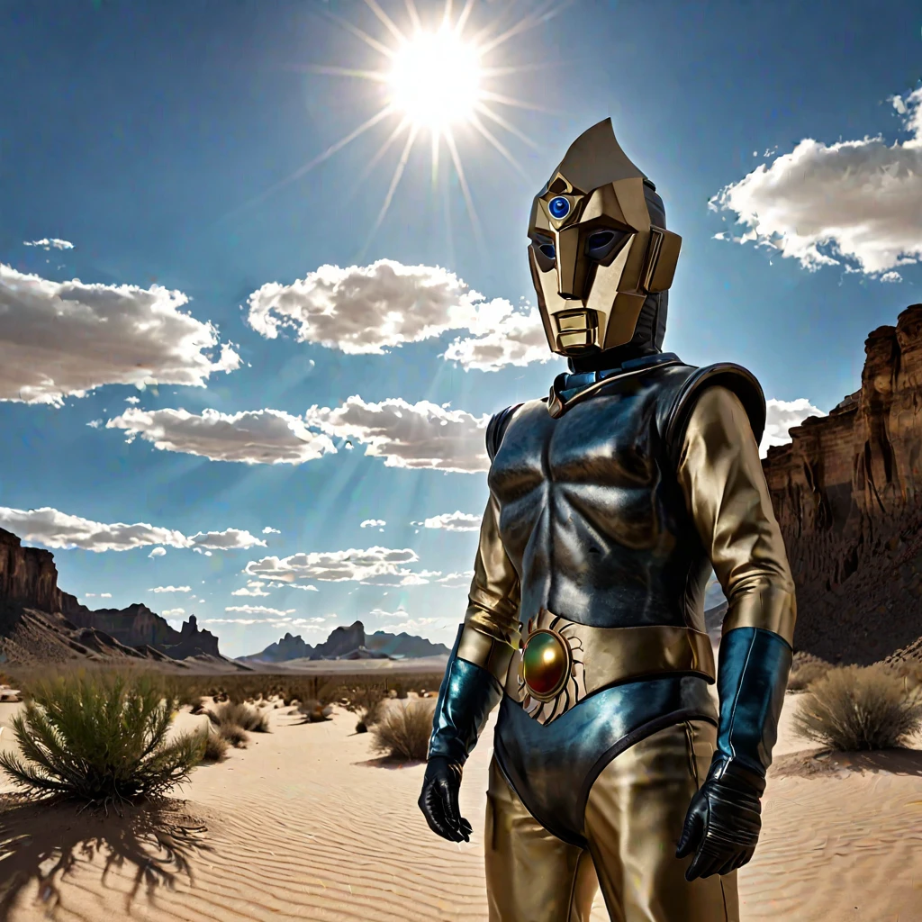 Spectreman, looking at viewer, in a desert place, sun, clouds, professional photograph, masterpiece, best quality, 8K, 16K, UHD, photorealistic, solo