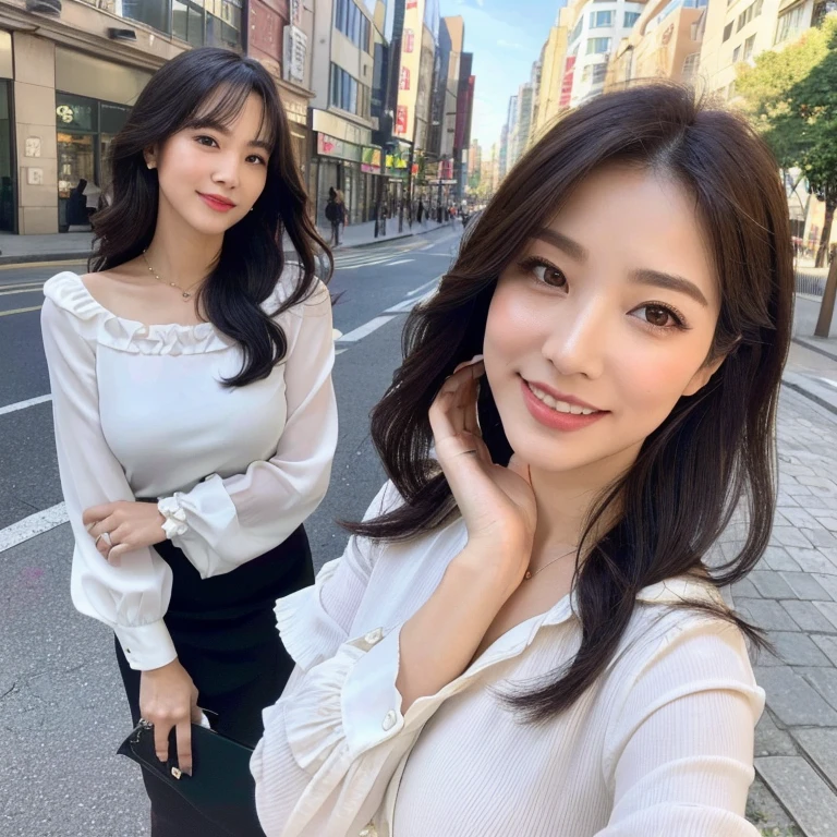 (Beautiful woman, high resolution, wallpaper 8K screen, highest quality, real, ultra-definition, exquisite and perfect dynamic composition, (1 Japanese mature woman standing on the sidewalk in a business district), (60 years old), (realistic skin texture) , (Fine wrinkles on the entire skin: 1.3), (Darkness of the skin: 1.1), (Skin without moisture: 1.2), (Wrinkles on the face: 0.9), (Wrinkles around the skin), Corner of the eyes: 1.2), Double eyelids , tear bags on the lower eyelids, looking at me and smiling, straight gaze, (dimples: 1.2), sharp eyes, dark and beautiful eyes, looking at me, short bangs, long hair, curled tips Long hair, soft fabric blouse, (through white blouse: 1.3), (Plump and glamorous body), (wide sleeves), (Cuffs that fit your wrist), (The hem of the blouse is tucked into the skirt: 1.2), flare skirt, high heels, (portrait focused on upper body), (angle from feet: 1.5),