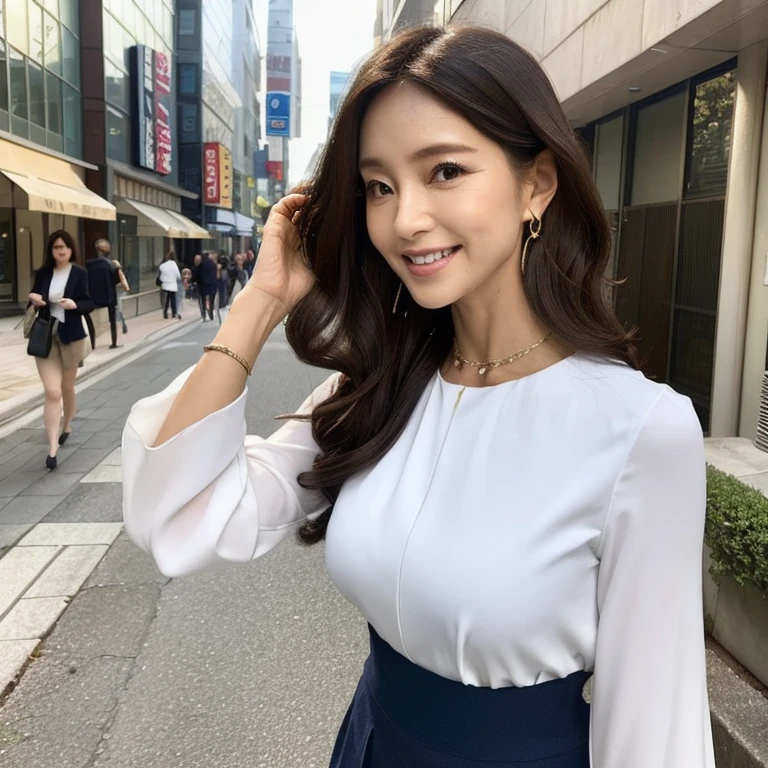 (Beautiful woman, high resolution, wallpaper 8K screen, highest quality, real, ultra-definition, exquisite and perfect dynamic composition, (1 Japanese mature woman standing on the sidewalk in a business district), (60 years old), (realistic skin texture) , (Fine wrinkles on the entire skin: 1.3), (Darkness of the skin: 1.1), (Skin without moisture: 1.2), (Wrinkles on the face: 0.9), (Wrinkles around the skin), Corner of the eyes: 1.2), Double eyelids , tear bags on the lower eyelids, looking at me and smiling, straight gaze, (dimples: 1.2), sharp eyes, dark and beautiful eyes, looking at me, short bangs, long hair, curled tips Long hair, soft fabric blouse, (through white blouse: 1.3), (Plump and glamorous body), (wide sleeves), (Cuffs that fit your wrist), (The hem of the blouse is tucked into the skirt: 1.2), flare skirt, high heels, (portrait focused on upper body), (angle from feet: 1.5),
