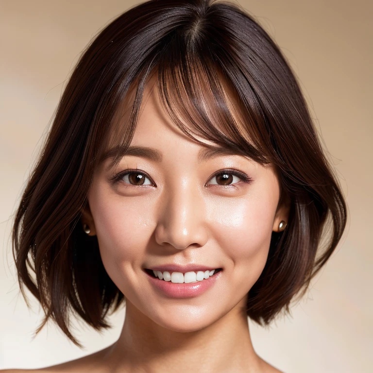 (Beautiful woman, high resolution, wallpaper 8K screen, highest quality, real, ultra-definition, exquisite and perfect dynamic composition, (one Japanese woman), (35 years old), (realistic skin texture), (full skin Fine lines: 1.3), (Dull skin: 1.1), (Skin without moisture: 1.2), (Wrinkles on the face: 0.9), (Wrinkles around the skin), Double eyelids, tear bags on the lower eyelids, Look at me Smiling, straight gaze, (dimples: 1.2), sharp eyes, beautiful black eyes, short bangs, long hair, (close up of face),