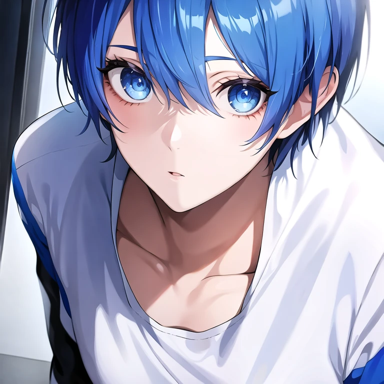 (masterpiece, best quality:1.2), 1boy, solo, blue hair, blue eyes, hair between eyes, looking at viewer, eyelashes, expressionless, short hair