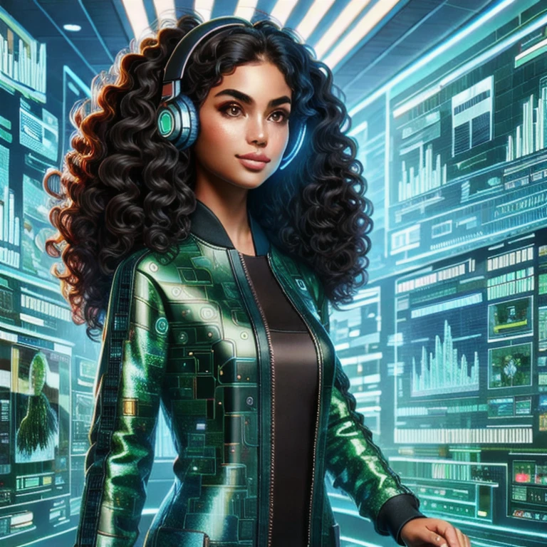 (masterpiece, best quality:1.2), 1girl, solo
young girl,brunette girl, curly black hair, futuristic green clothing, futuristic headphones, casual clothes, technology expert, communications expert