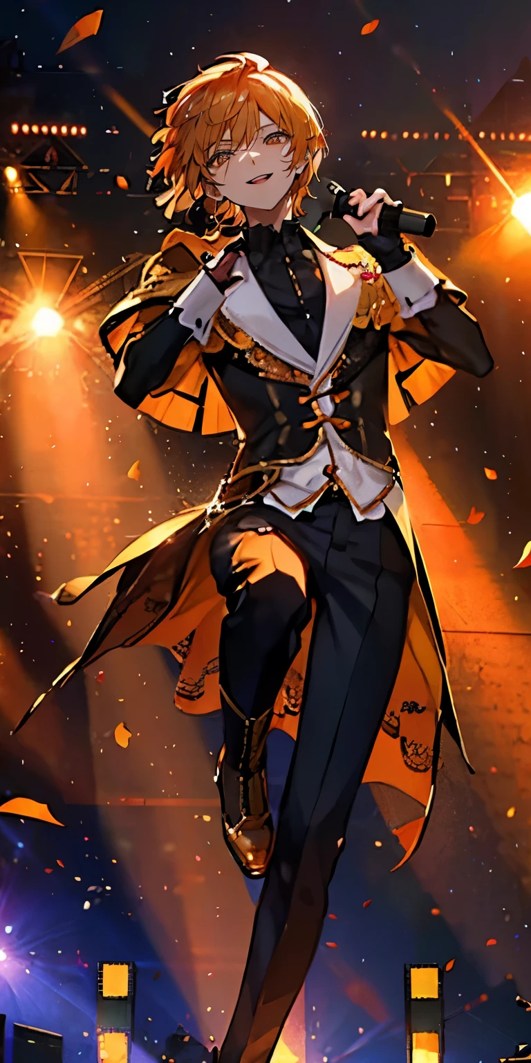 (Mastepiece), (Best Quality), Very detailed, ((1 boy)), Perfect Face, Beautiful Face, Very detailedな顔，((Orange Hair_short hair_Orange eyes:1.3))，Male solo idol、Gorgeous idol costumes、Cape、boots、(pants:1.2)、(Hold the microphone)、stage、Concert Dome、Lots of confetti、(smile:1.4)、(Open your mouth wide)、sing、dance、Wink、Laser light、Spotlight
