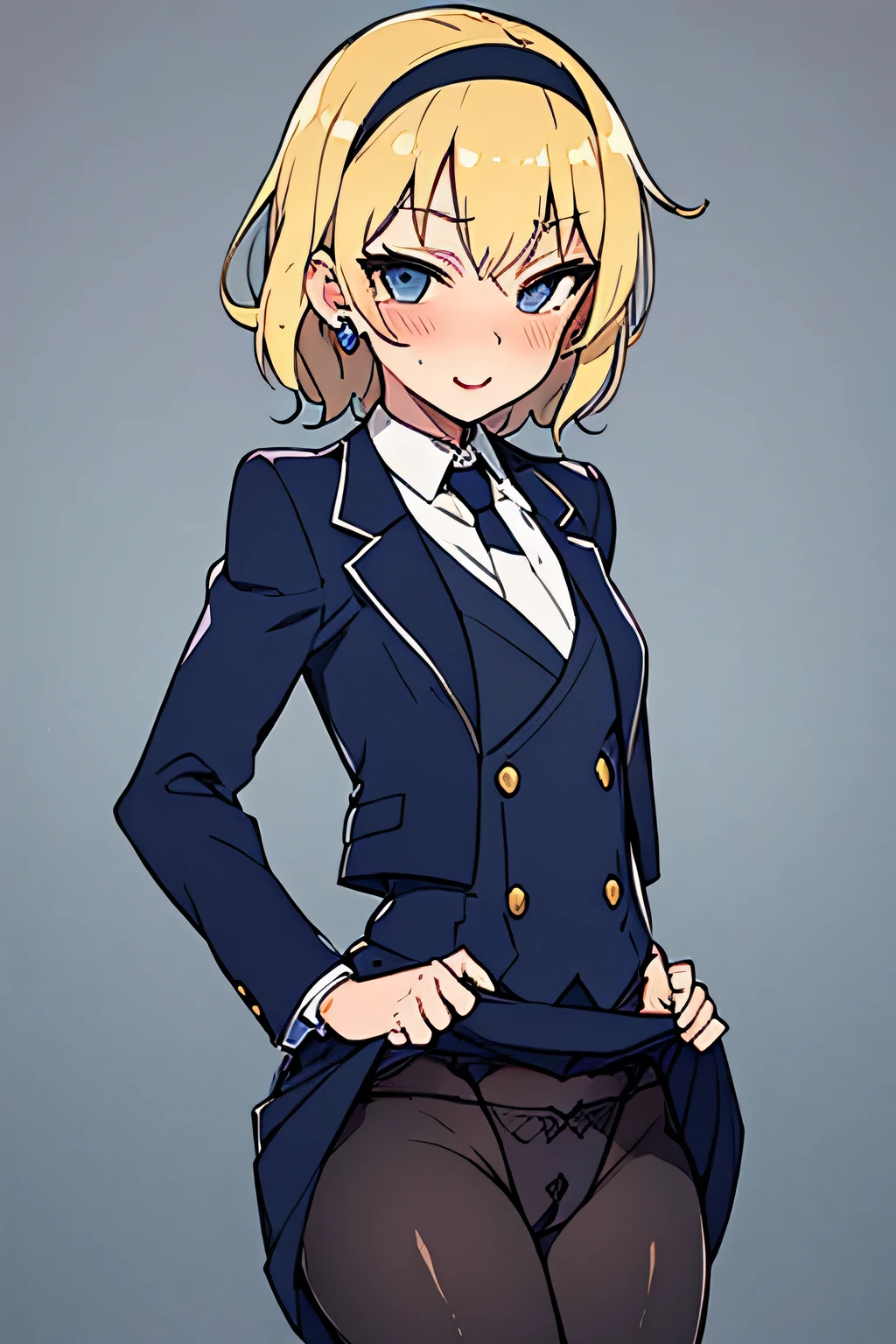 (masterpiece, best quality:1.2), cowboy shot, solo, 1girl, short hair, wavy hair, hairband, blonde hair, makeup, lipstick, looking at viewer, grey skirt suit, (((three-piece suit))), ((blue dress shirt with white collar)), contrast collar, gold necktie, blazer, (((suit jacket))), (((waistcoat))), double-breasted waistcoat, bodycon miniskirt, pencil skirt, tie clip, pocket square, pocket watch, pantyhose, high heels, earrings,