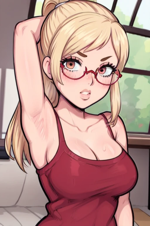 masterpiece, best quality, looking at viewer, upper body, portrait, looking at viewer, put your hands behind your head, armpits, armpits visible, sweaty armpits, Kaede Akiyama, very large breasts, long blonde hair, wearing highschool outfit, wearing glasses, ponytail