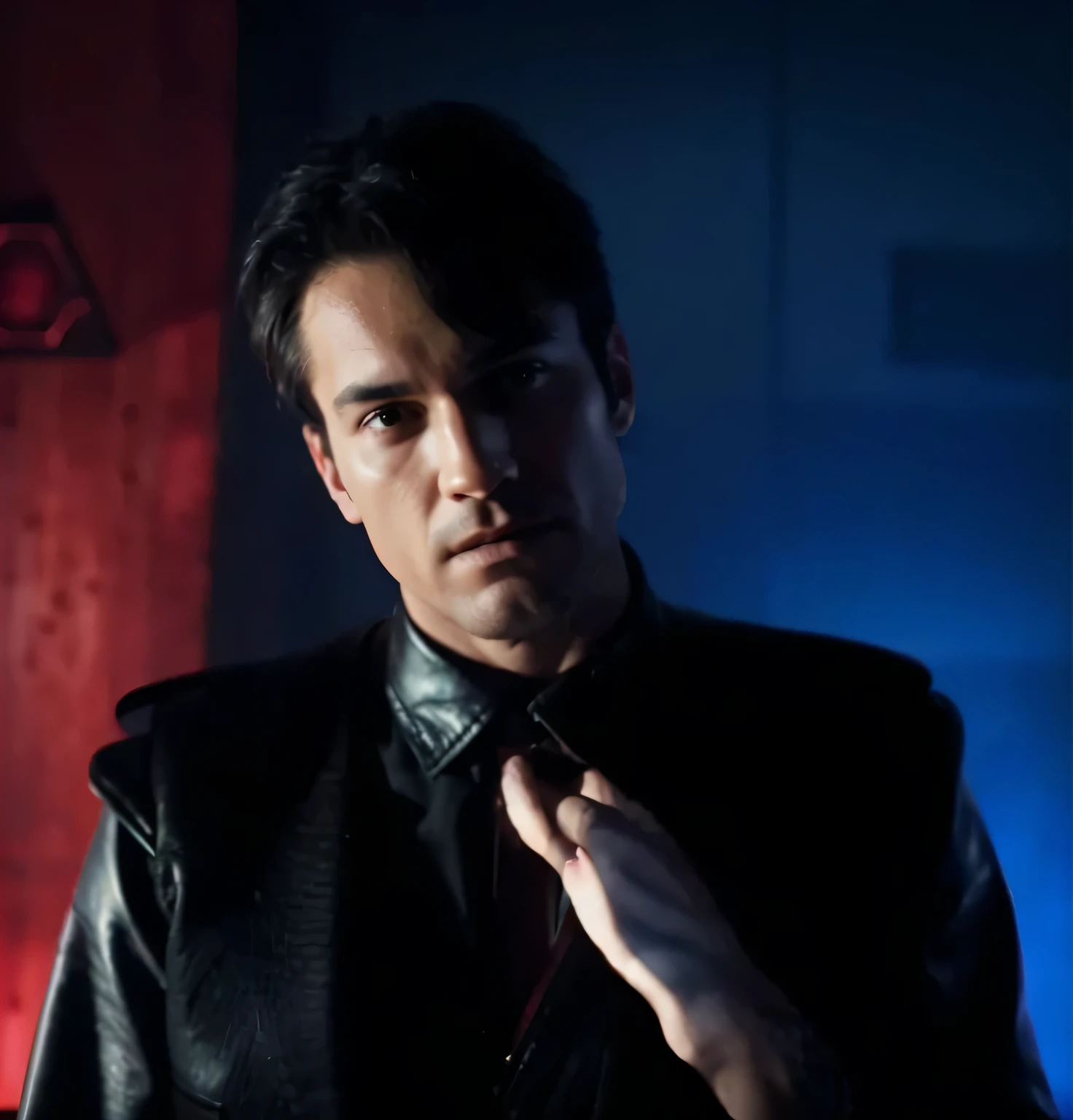 man, british face, very short black hair, very serious face, leather suit, he is in a dark bunker in red tones, advanced red computer screens, servers, red LED lights, many tubes and cables on the walls, stained glass, image in reddish tones, 4k, ultra detailed image, realistic, very detailed, perfect composition, splendid, intricately detailed, incredibly detailed, art photography 8k, hyper detailed, Masterpiece, ultra detailed, hyper realistic, 4k, ultra detailed image, realistic, highly detailed, perfect composition, splendid, intricately detailed, incredibly detailed, Artistic photography in 8k, hyper detailed