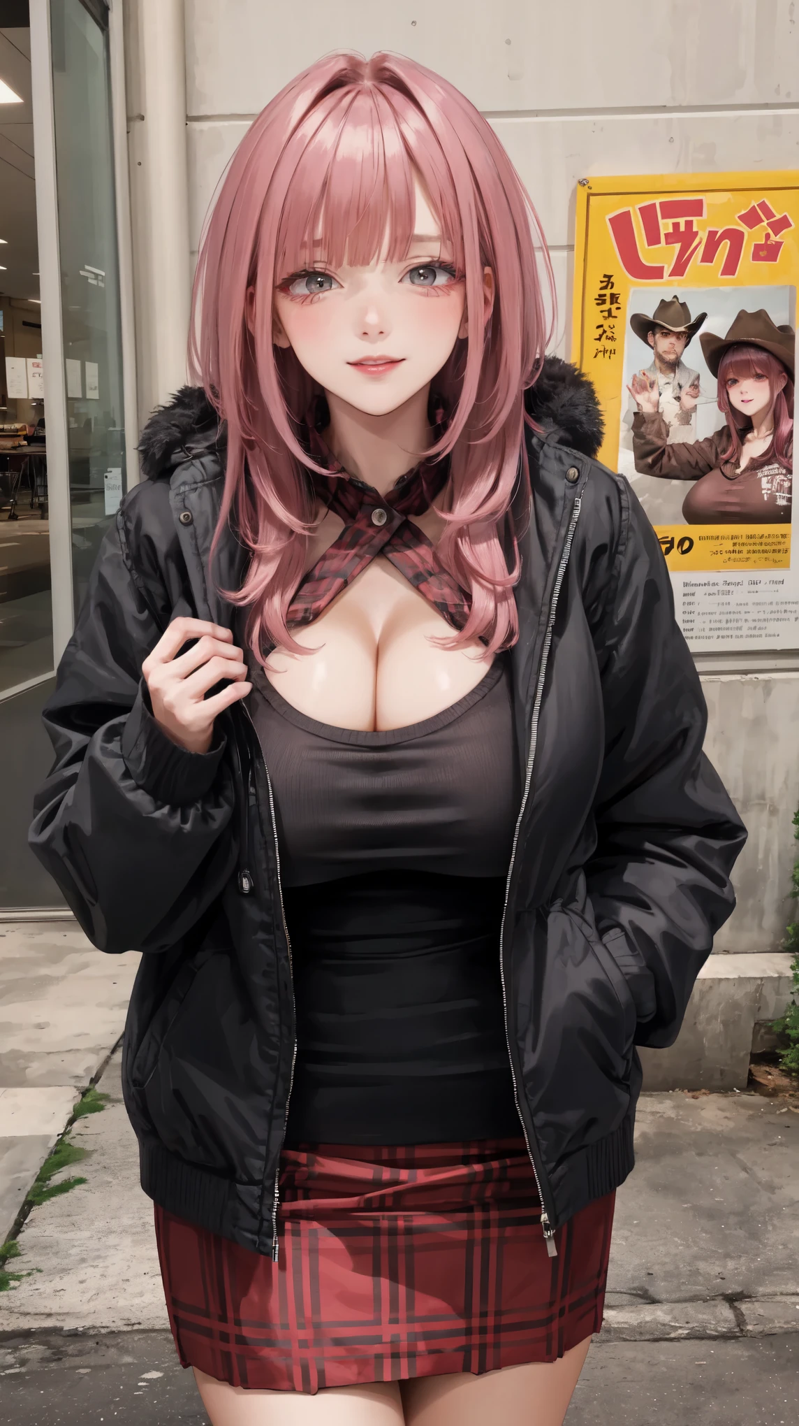 (((face focus))),((solo)),eyeshadow,lip,Shiny eyelashes,mature woman,huge breasts,gigantic breasts,( bangs,straight hair),pink hair, (cowboy shot),smile,Pencil skirts, plaids, sweaters, long sleeves, cleavage, coats,