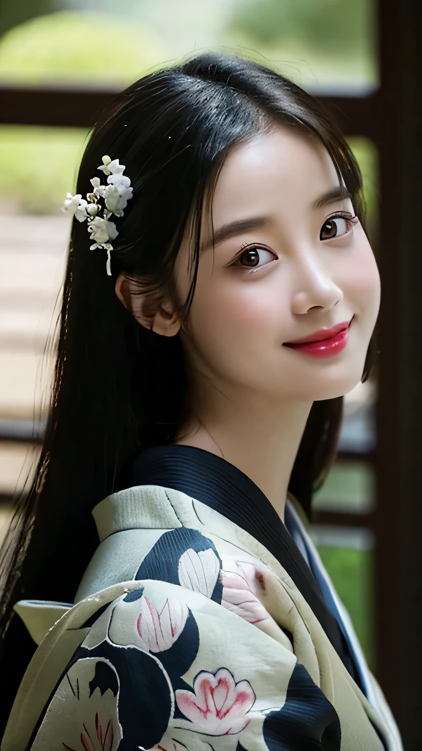 wear black solid kimono, there is bang in her hair cover her forehead. middle age era, blur background, cinematic, light bloom, soft light 1,8, [smile to the camera]. close up, at pond temple. middle age era