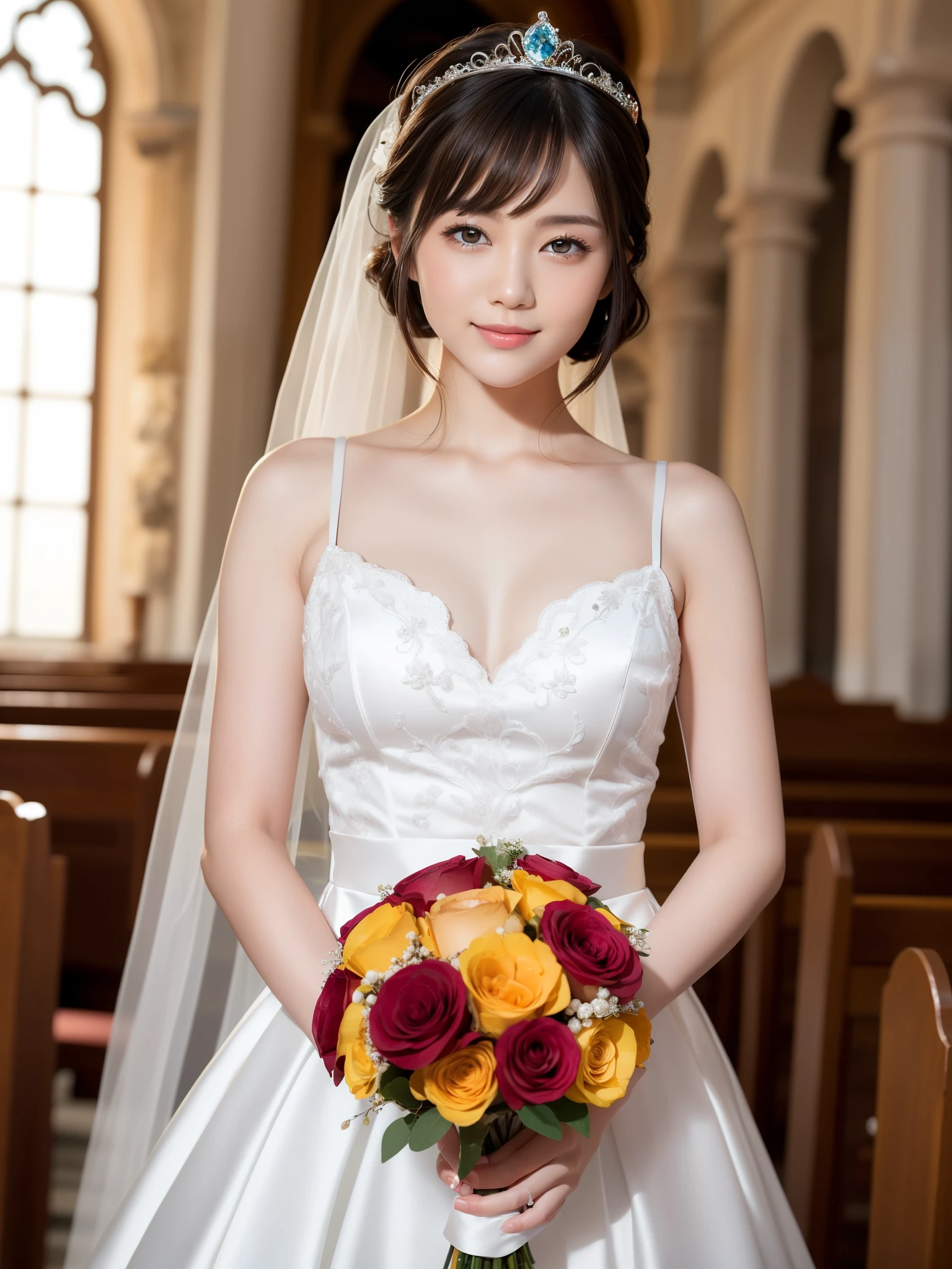 (highest quality:1.5), (Realistic:1.5), (1 person:1.5), (Medium Shot:1.5), Very detailed, High resolution, 8k wallpaper, , Small breasts, Natural color lips, Cute Smile, Japanese women, 20-year-old girl, Beautiful and elegant face, Perfect and beautiful face, Big eyes, Brunette's eyes, Beautiful and elegant face, Perfect and beautiful double eyelids, Natural Bangs, Beautiful thin nose, Beautiful Skin, Chestnut Hair, Medium Bob Hair, Shortcuts, Natural Bangs, Perfect and beautiful face, Slim face and figure, (Looking at the camera), Bright lighting, Professional Lighting, Forward lighting, Natural smile, church, Princess line wedding dress, tiara、Holding the bouquet at stomach level、