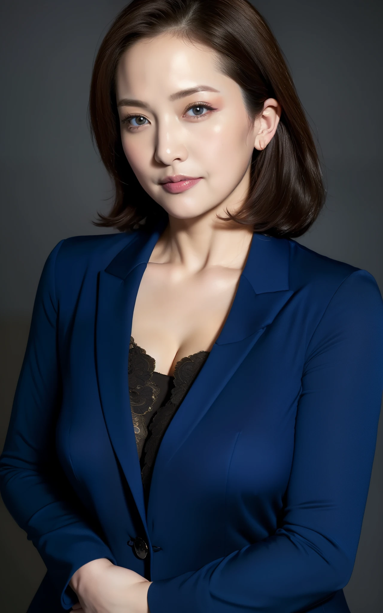 masterpiece,best quality, (1 milf), ((portrait:1.5)), makeup, glossy blue blazer, elegant black shirt, touch own breasts, ((seduction expression)),
