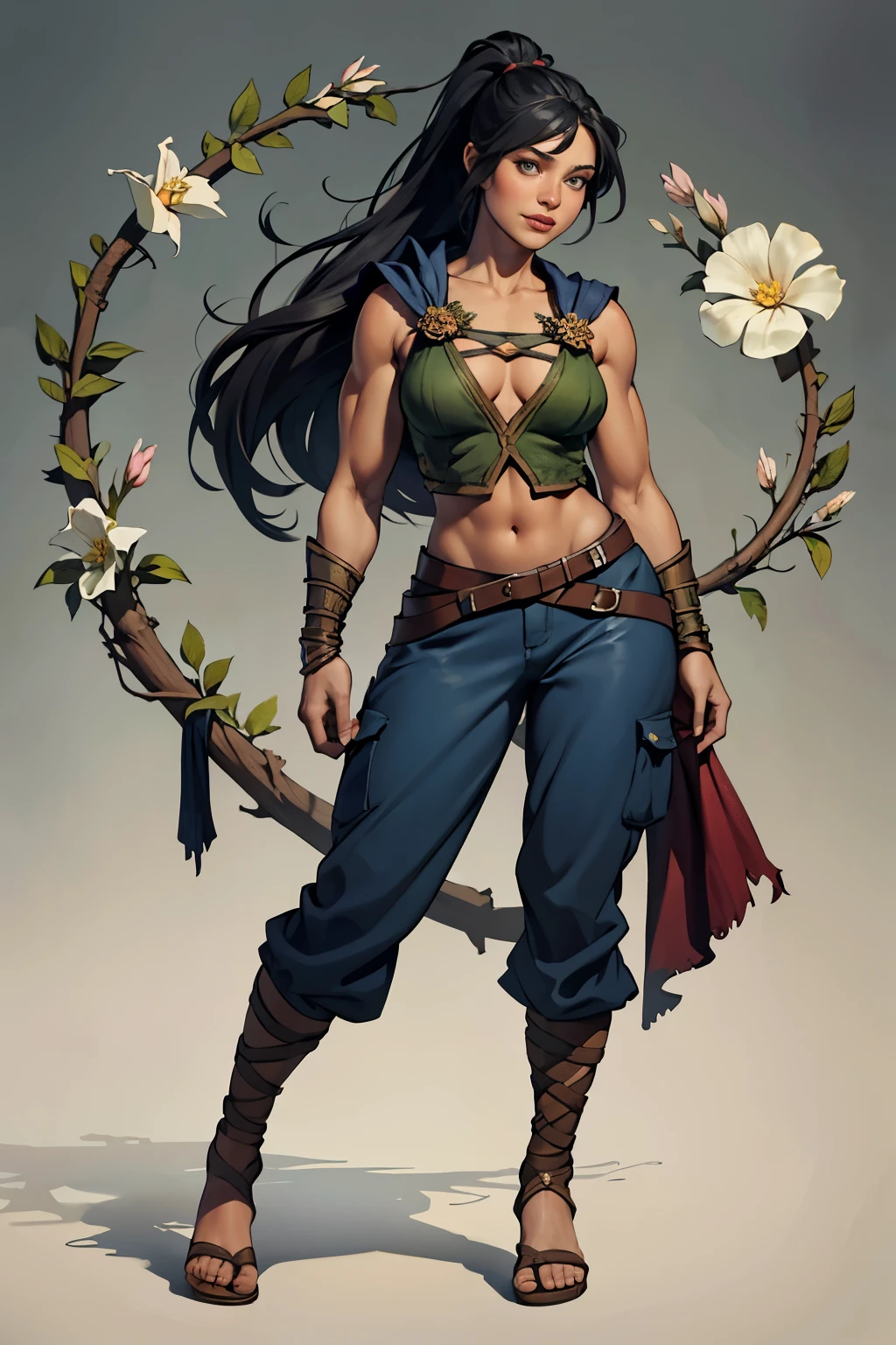 Barbarian Druid outfit, woodland armor, flowers and vines made into an outfit, Solo, female, slightly muscular, slightmuscle, big blue eyes, fantasy outfit, forest, pants, cropped jacket, modest clothingBlack hair, Black curly long hair in a ponytail, light eyes, tall and Toned woman, Barbarian woman, full body, aesthetic, beautiful woman,fantasy clothing, (masterpiece, best quality:1.2), solo, 1girl, smile, looking at viewer, ponytail, sandals, bare arms, no sleeves, red and blue outfit, cargo pants