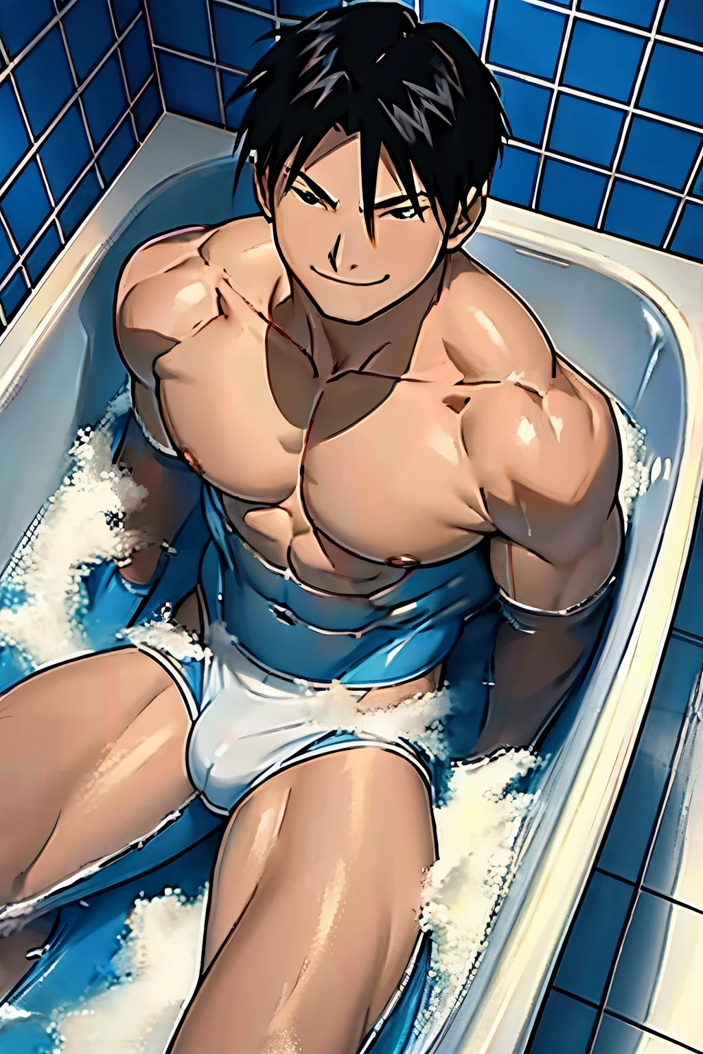 Roy Mustang from Full Metal Alchemist, wearing white swimwear, bodybuilder, smug smile, defined body, shirtless, abs, big legs, inside a bathtub, bathroom, seen from above