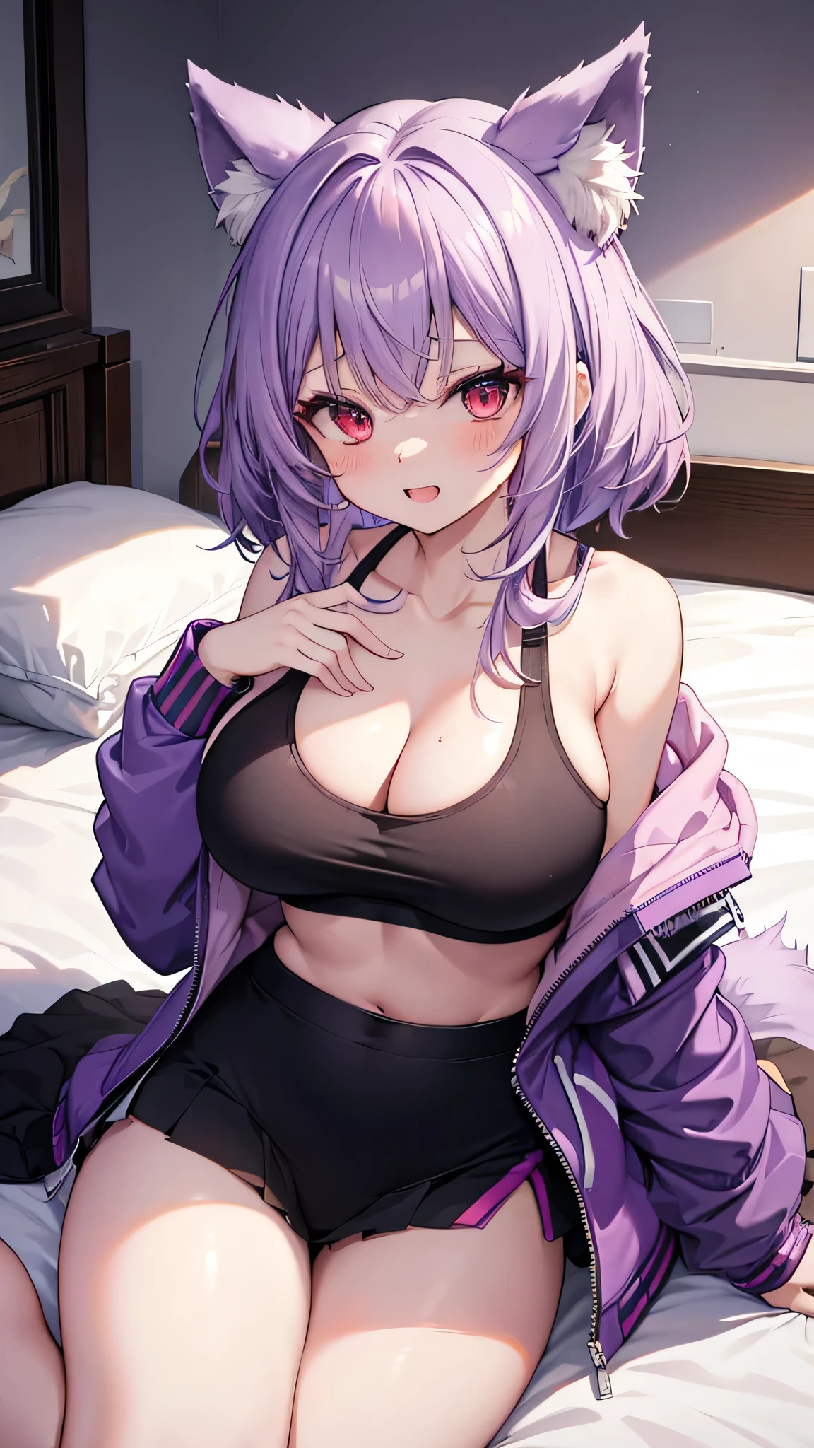 Wolf Girl, Large Breasts, Voluminous, messy, light purple hair, masterpiece , Red eyes, hd, Head to Chest, Put in your chest、 tooth、Double teeth,, On the bed、Thick thighs、Grinning、Sports Bra、mini skirt、Big Tits、Open your mouth、Jacket、Raise one leg、Show your pants、Striped panties