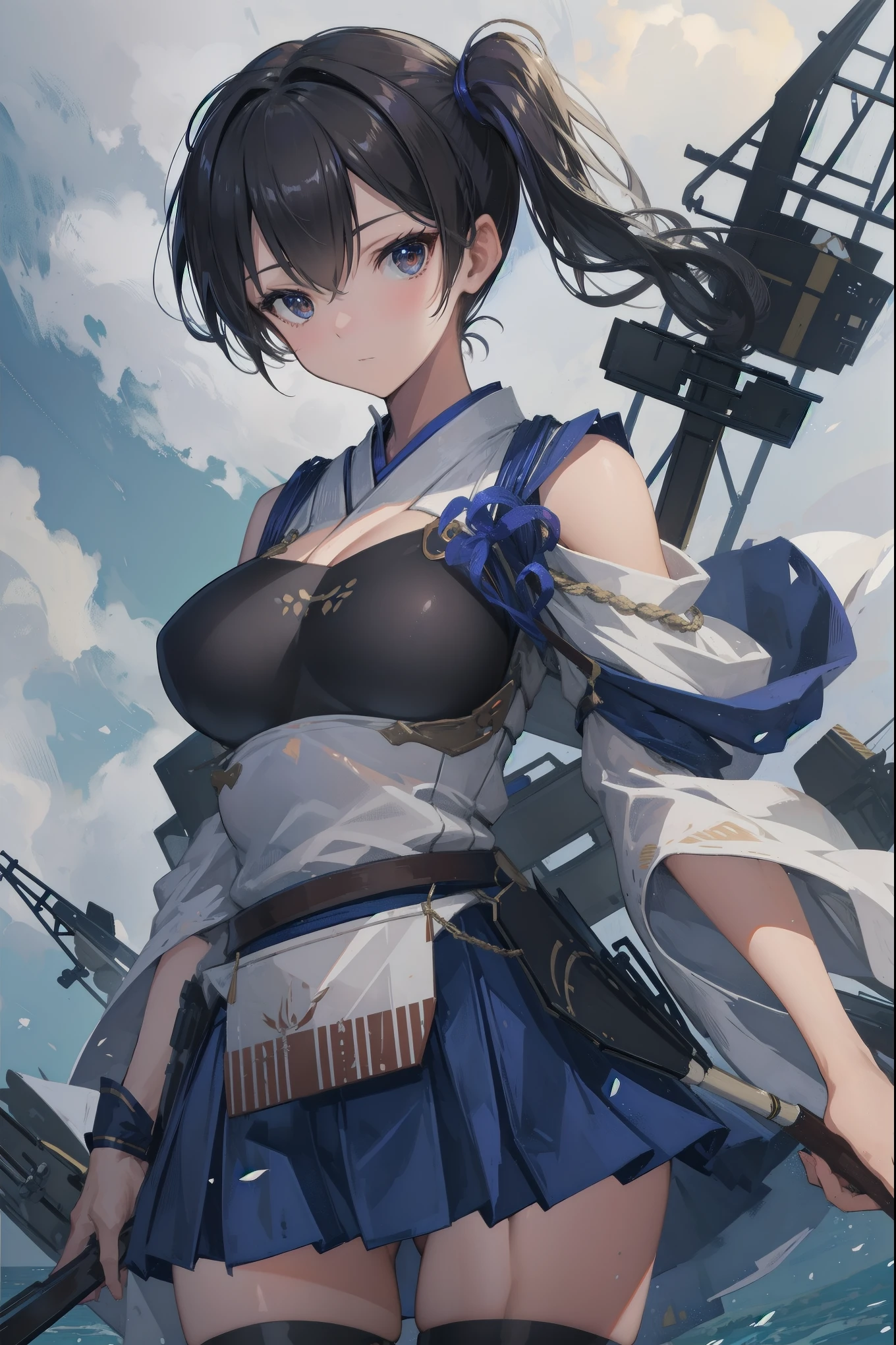 Kaga(Fleet Collection),highest quality, masterpiece, High resolution,kimono,blue skirt,side ponytail,big_breasts,