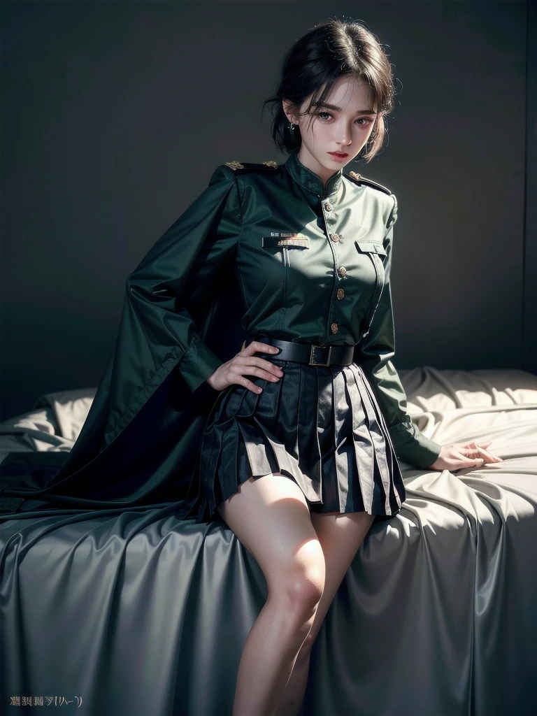 military uniform, absurdres, RAW photo, extremely delicate and beautiful, masterpiece, Best Quality, ultra high resolution, 32k, hyperrealistic, ultra-detailed, detailed description, pale skin, 20 years old, tearful mole, earring, Colossal tits, short medium hair, wavy hair, pleated skirt,